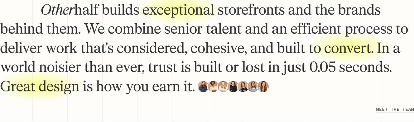 Warm, editorial agency statement featuring large elegant serif copy accented with soft yellow highlights and inline team avatars.