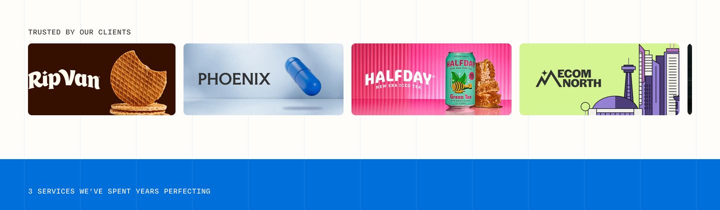 Vibrant horizontal strip of rich client product cards anchored by technical monospace labels on a subtle vertical grid.