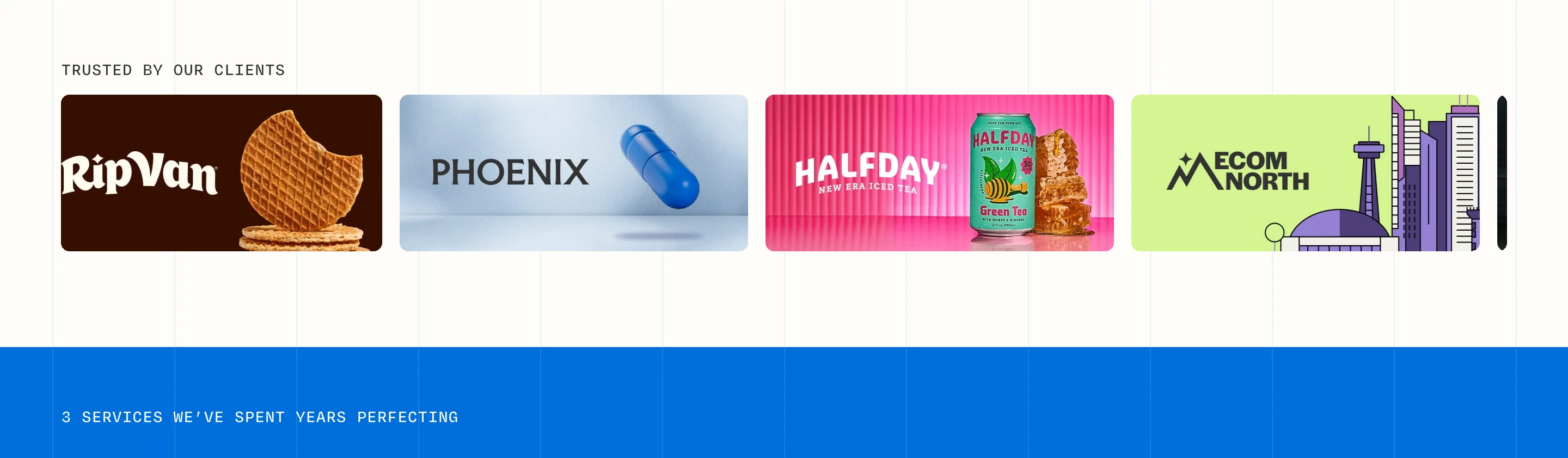 Vibrant horizontal strip of rich client product cards anchored by technical monospace labels on a subtle vertical grid.