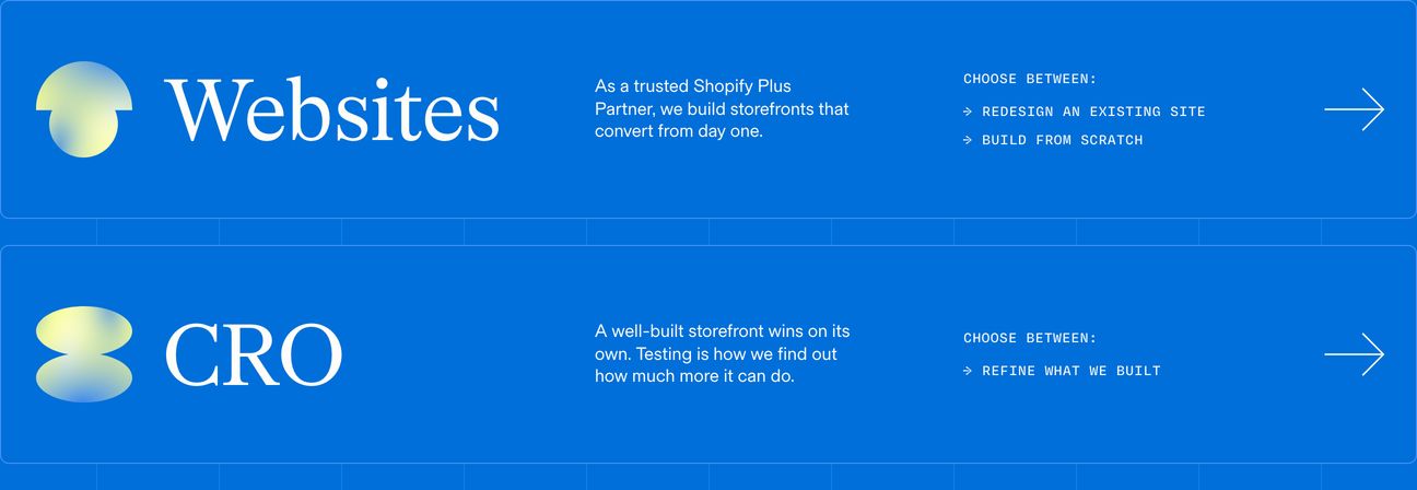 Vibrant cobalt service rows pair elegant serif typography and luminous gradient blobs with structured, monospace technical details.