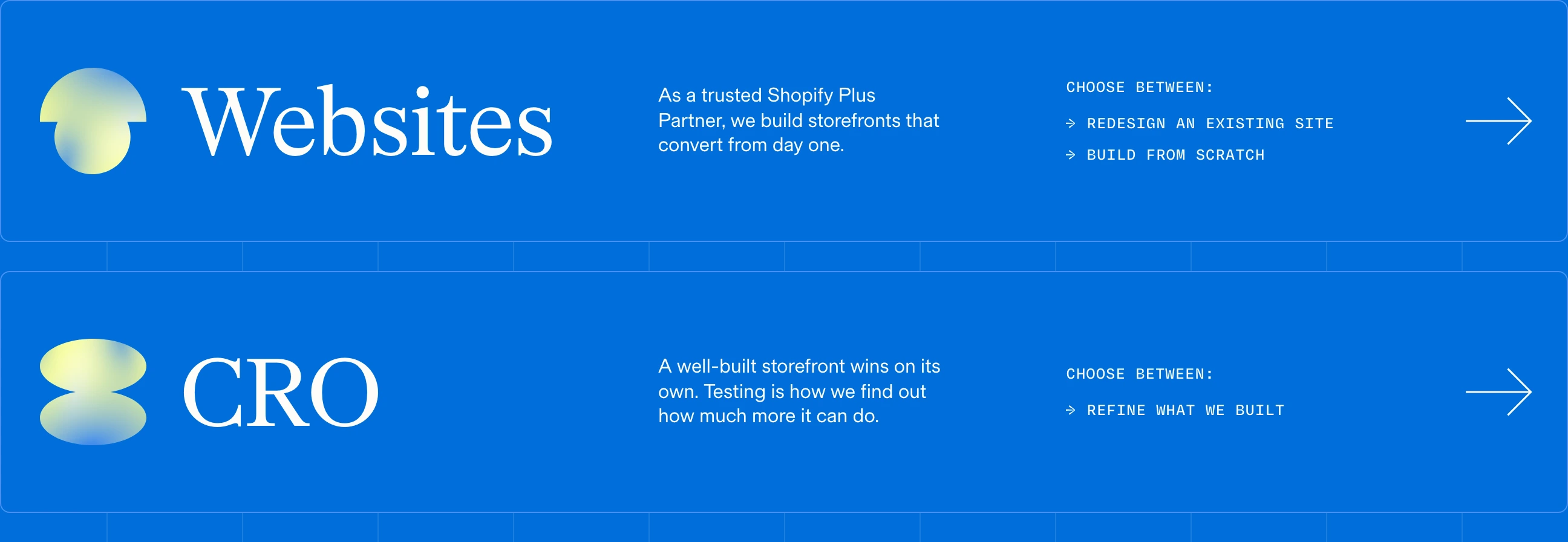 Vibrant cobalt service rows pair elegant serif typography and luminous gradient blobs with structured, monospace technical details.