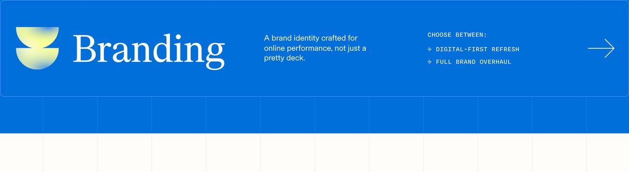 An electric blue service row pairing refined serif typography with monospace technical details and a glowing gradient icon.