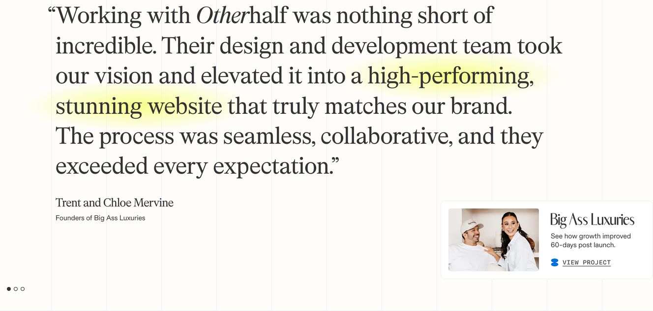 An elegant editorial testimonial set in refined serif type with a soft highlighter flourish and linked case study card.