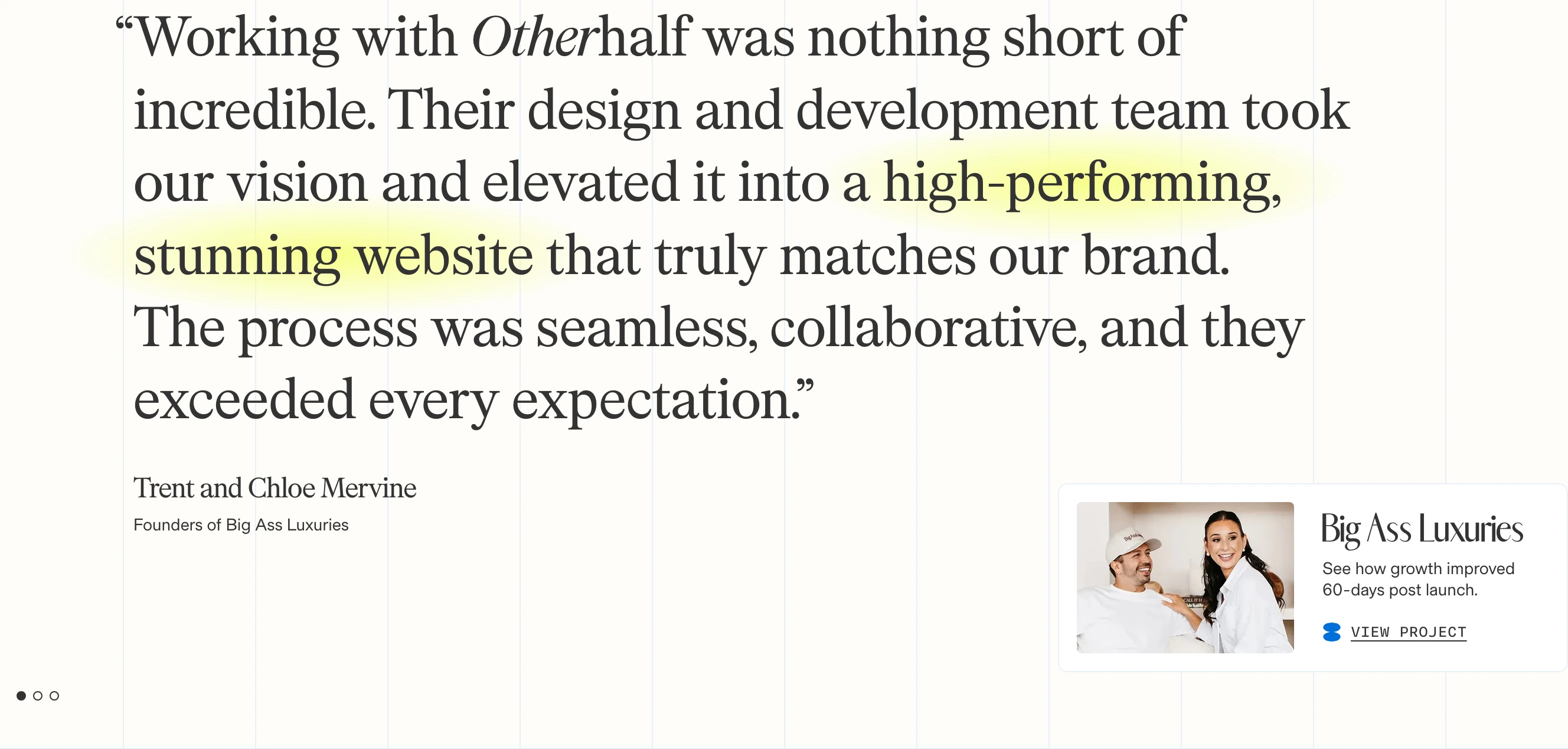 An elegant editorial testimonial set in refined serif type with a soft highlighter flourish and linked case study card.