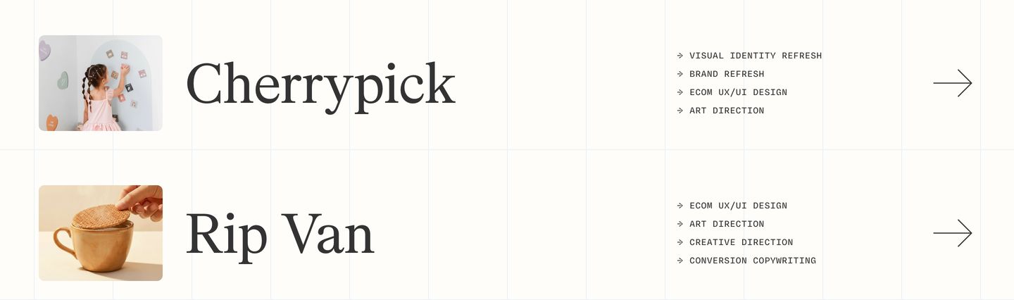 A restrained, airy case study index pairing elegant serif project titles with monospace service tags across a subtle grid.