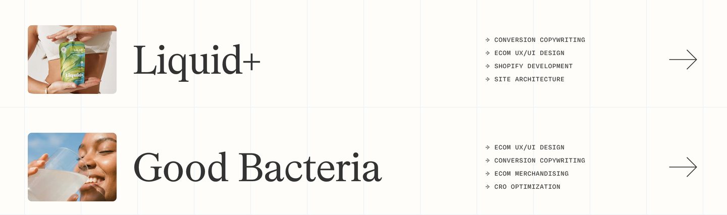 Structured editorial case study index with visible column guides, thumbnail photography, and high-contrast serif typography paired with monospace tags.