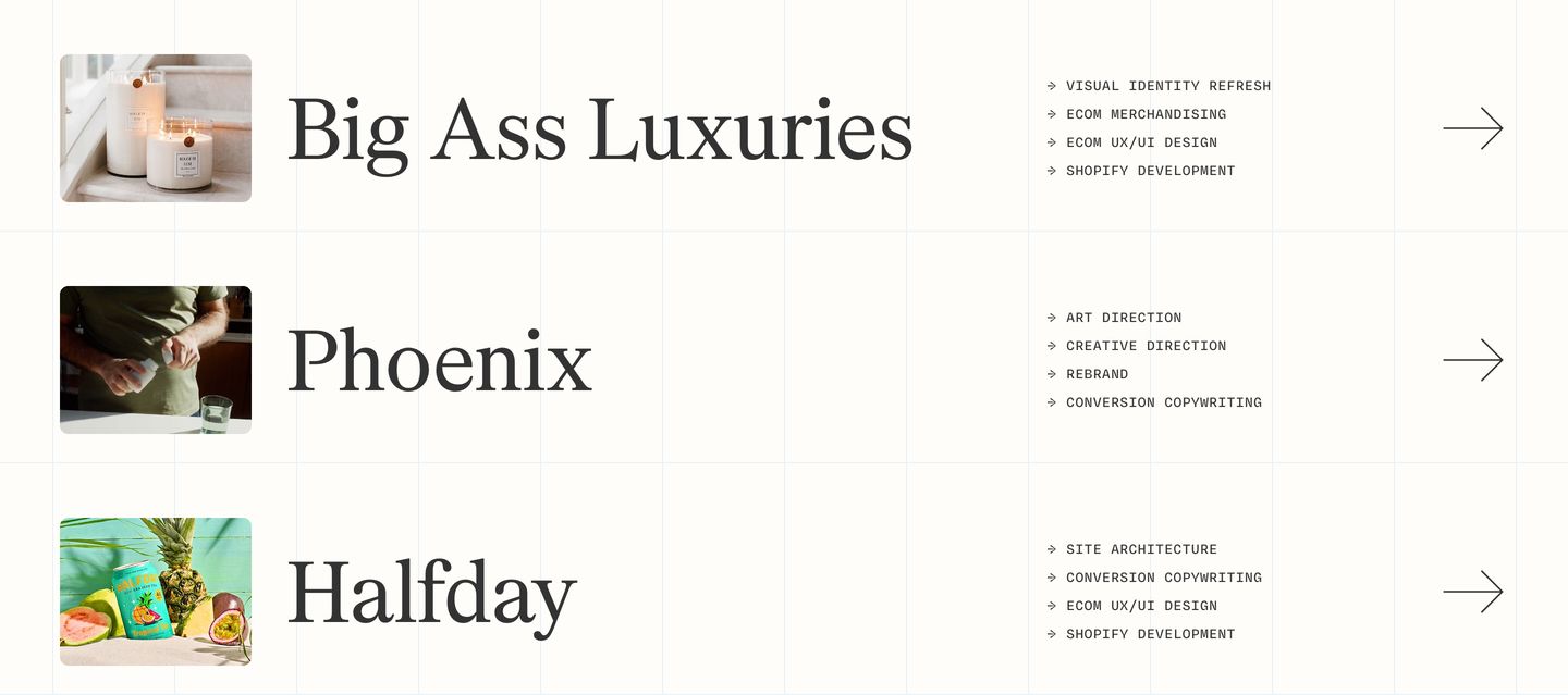 A clean, structured portfolio index pairing large refined serif titles with technical monospace tags across a subtle background grid.