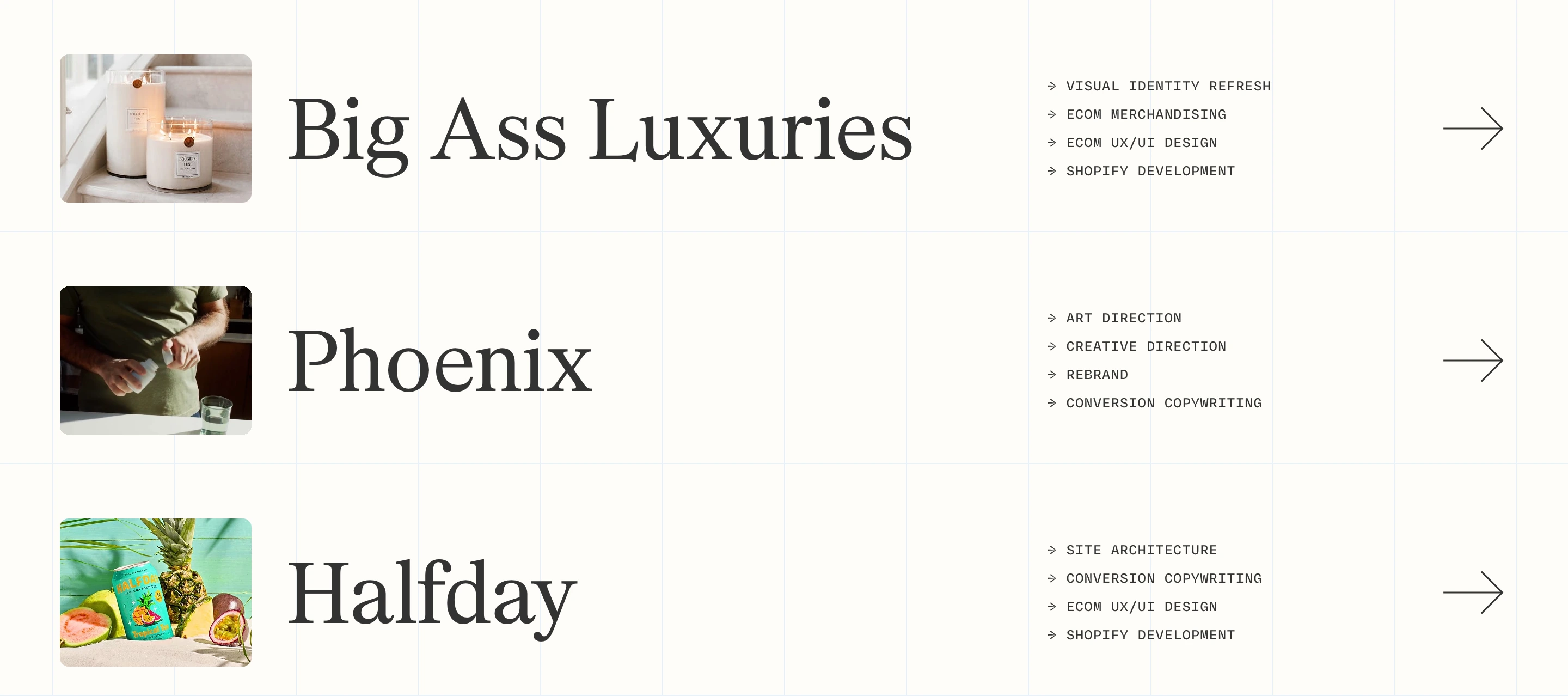 A clean, structured portfolio index pairing large refined serif titles with technical monospace tags across a subtle background grid.