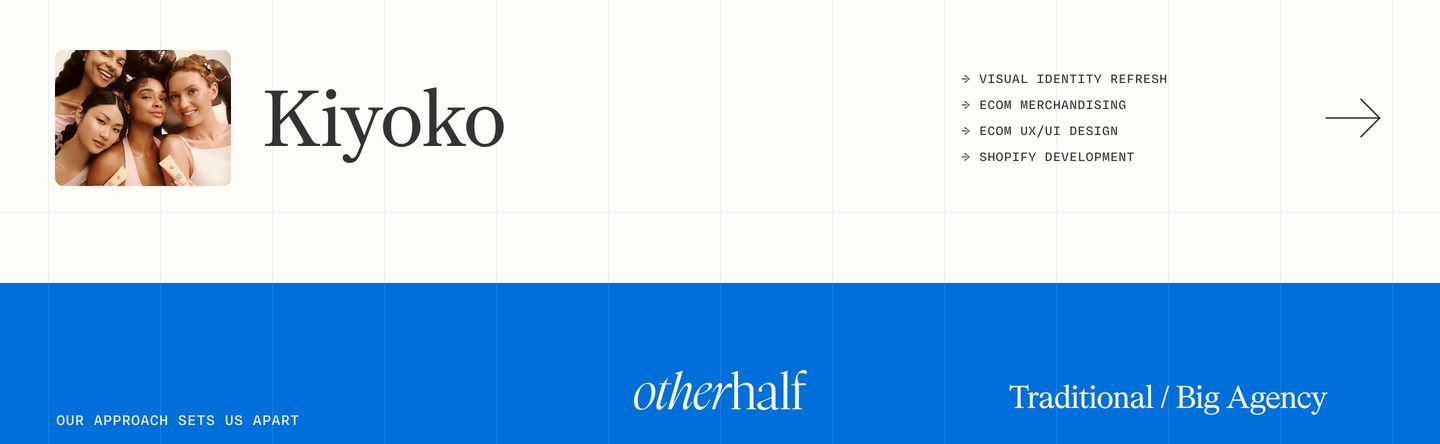 Airy editorial project showcase row divided by precise modular grid lines transitioning into a vivid cobalt band.