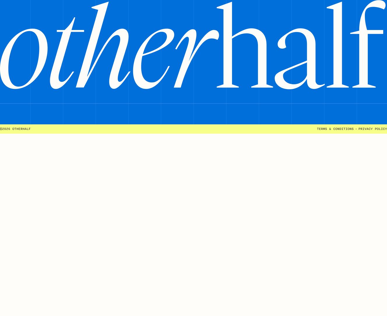 High-impact typographic footer dominated by an oversized italic wordmark across a vivid blue block.