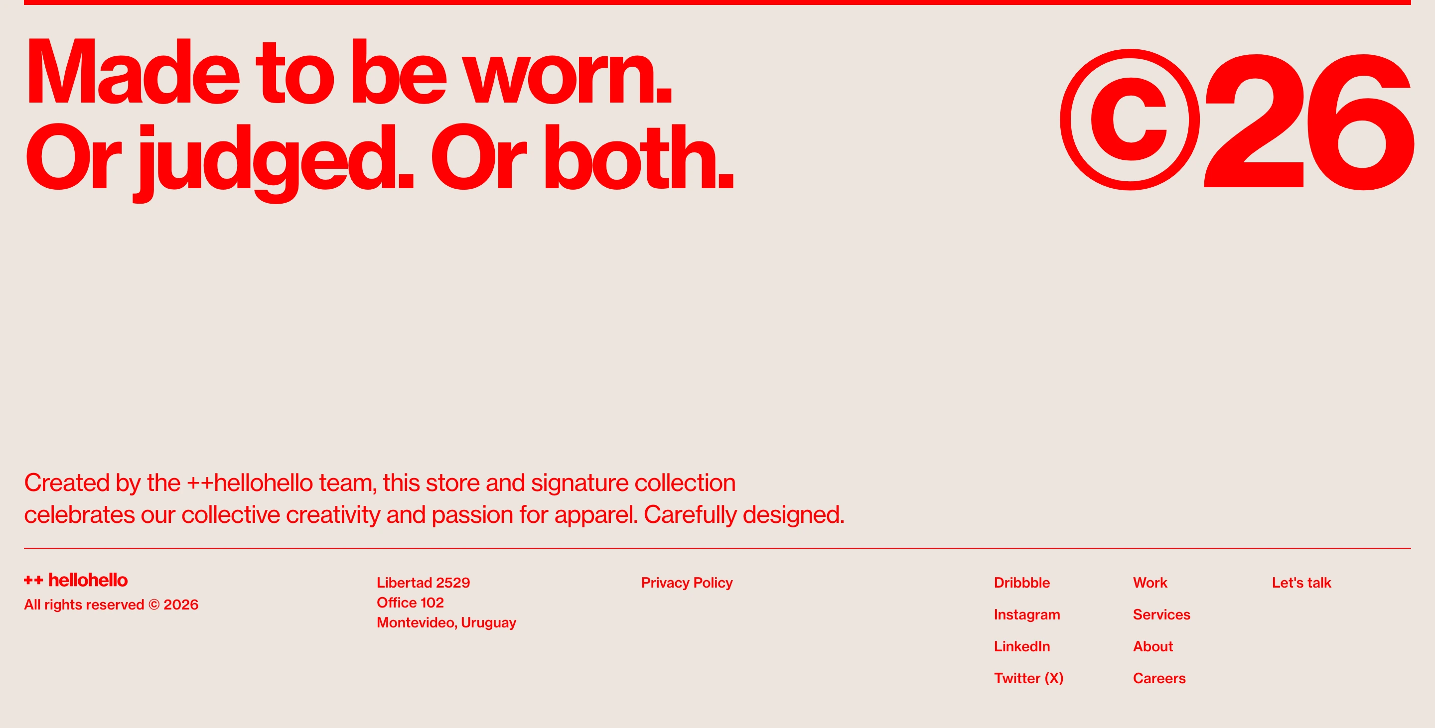 High-impact typographic footer pairing vibrant red statement copy and an oversized copyright mark against a warm cream canvas.