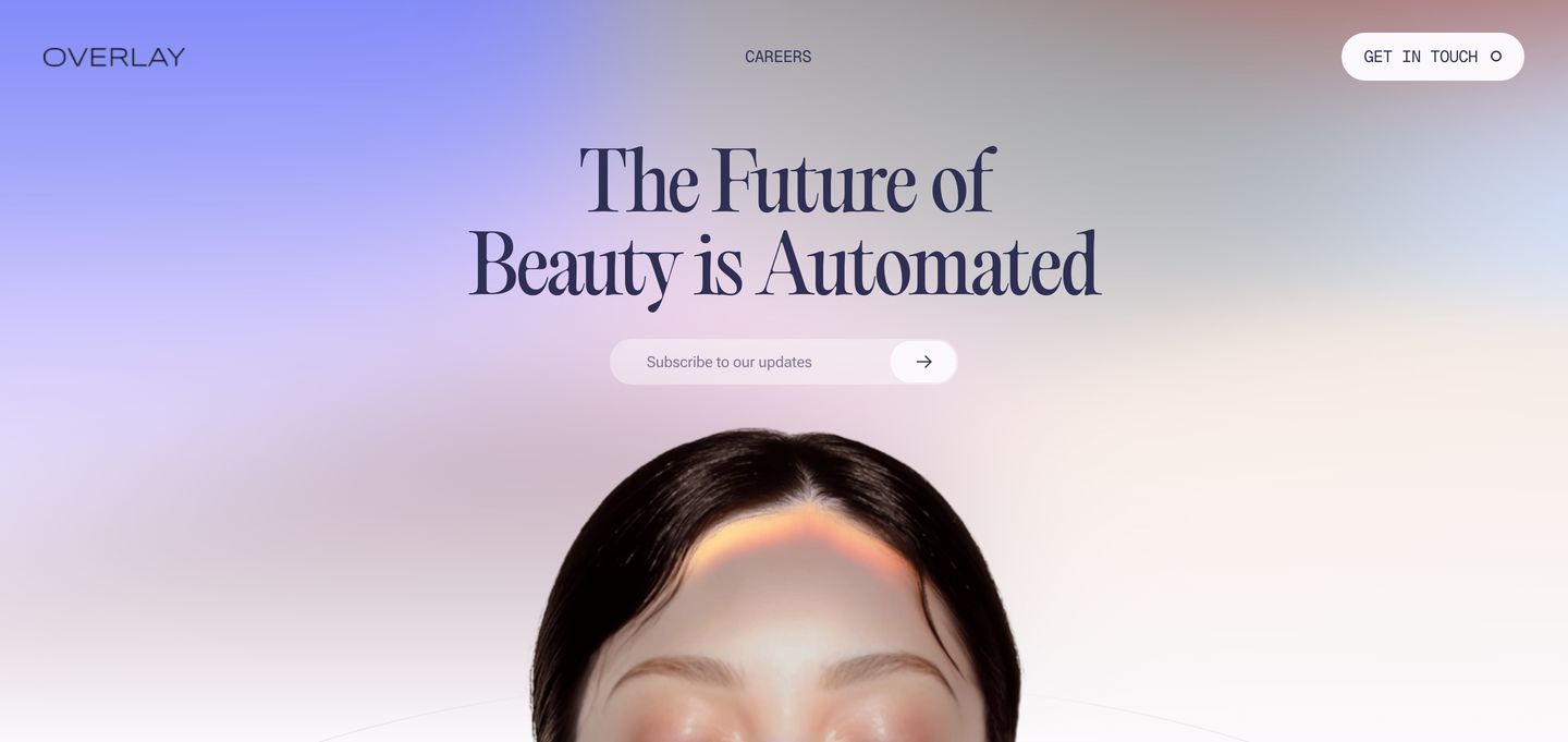 An ethereal, pastel-tinted hero pairing an elegant high-contrast serif headline with soft light gradients diffusing into beauty photography.