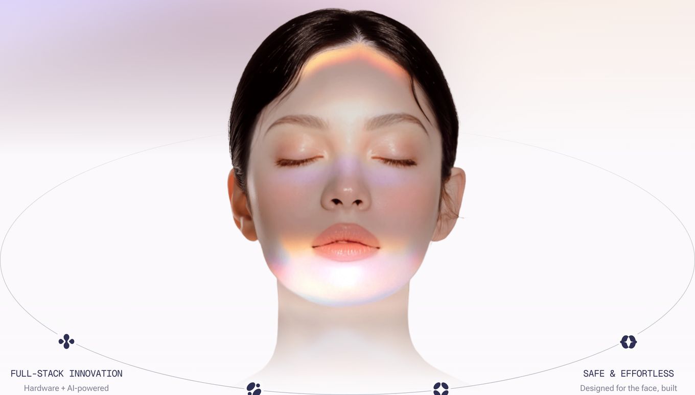 An ethereal beauty-tech portrait bathed in iridescent prism light, framed by an elliptical technical diagram with quiet mono annotations.