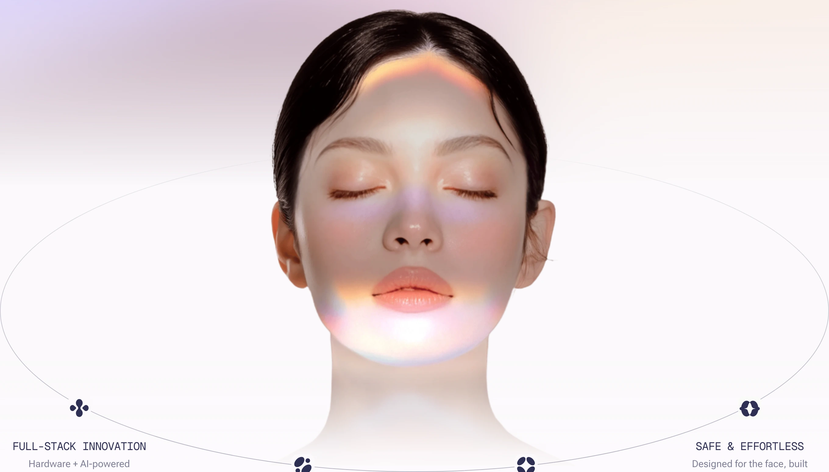 An ethereal beauty-tech portrait bathed in iridescent prism light, framed by an elliptical technical diagram with quiet mono annotations.