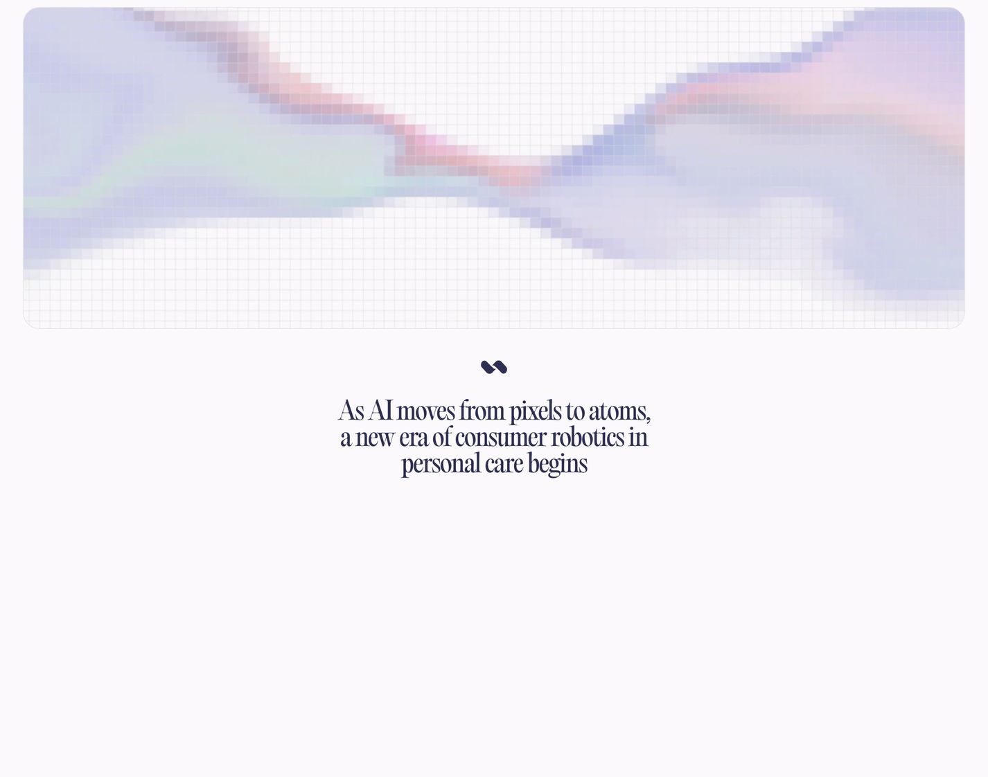A calm, airy statement pairing a pixelated pastel digital landscape with refined editorial serif typography.