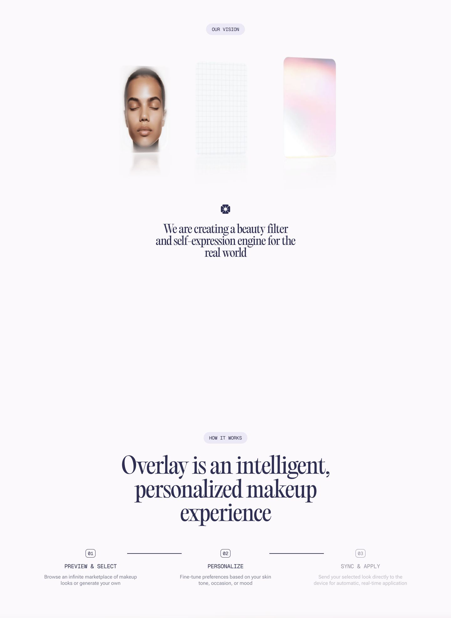 An ethereal, airy editorial statement featuring luminous floating visual cards and refined serif typography in soft lavender tones.