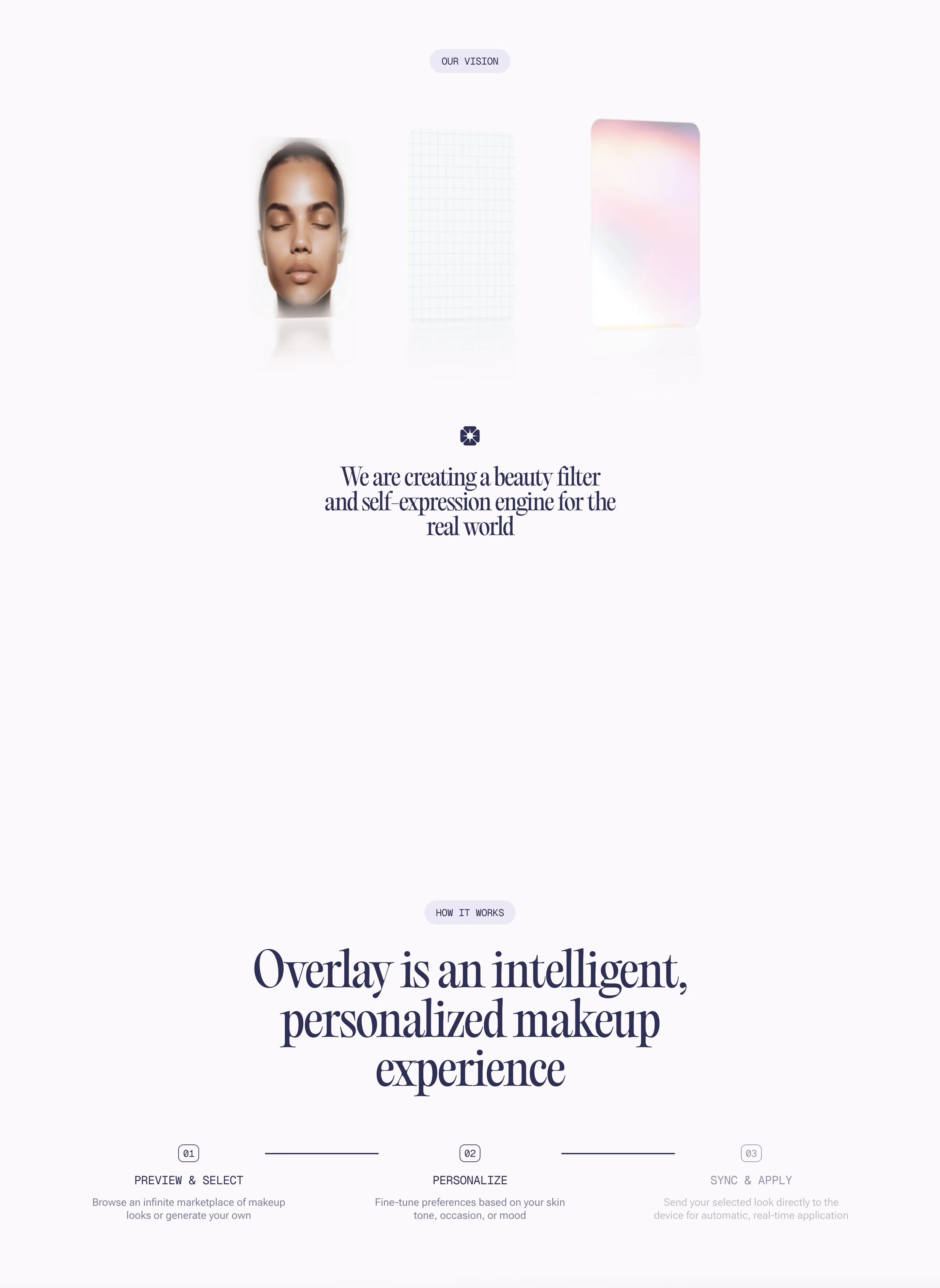 An ethereal, airy editorial statement featuring luminous floating visual cards and refined serif typography in soft lavender tones.