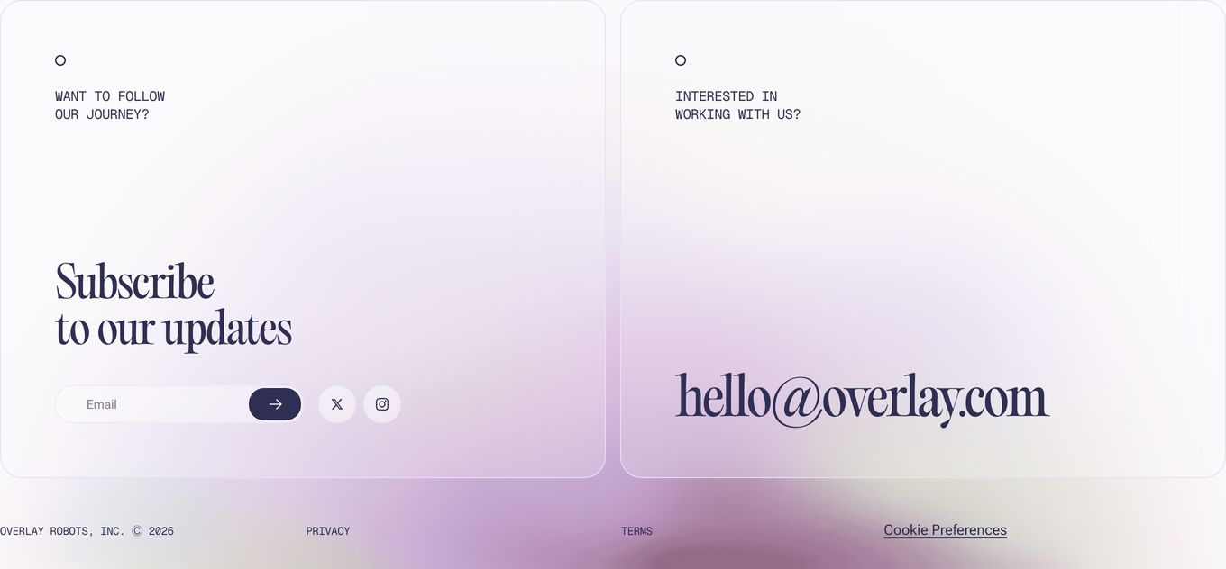 Dreamy light footer pairing elegant high-contrast serifs with soft lilac atmospheric gradients across two balanced frosted cards.