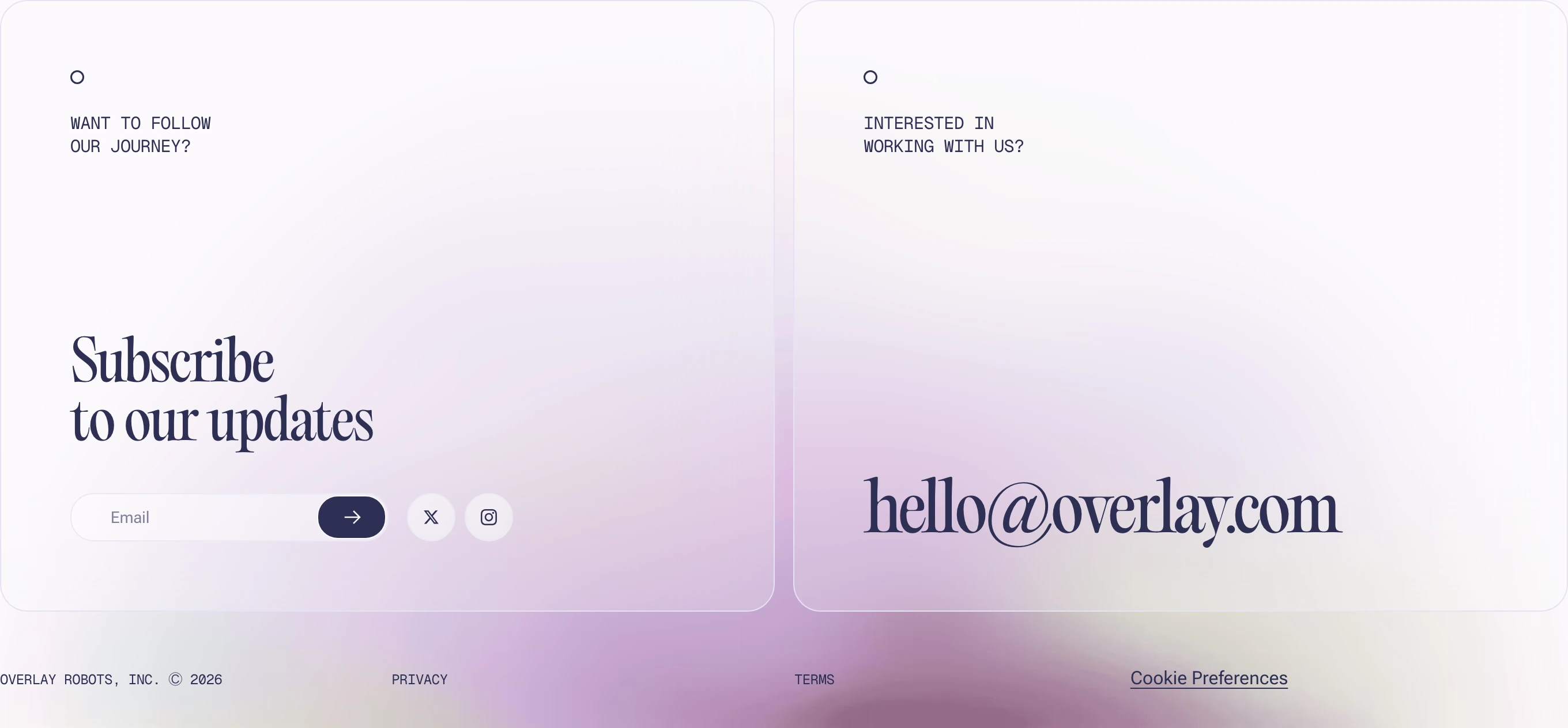 Dreamy light footer pairing elegant high-contrast serifs with soft lilac atmospheric gradients across two balanced frosted cards.