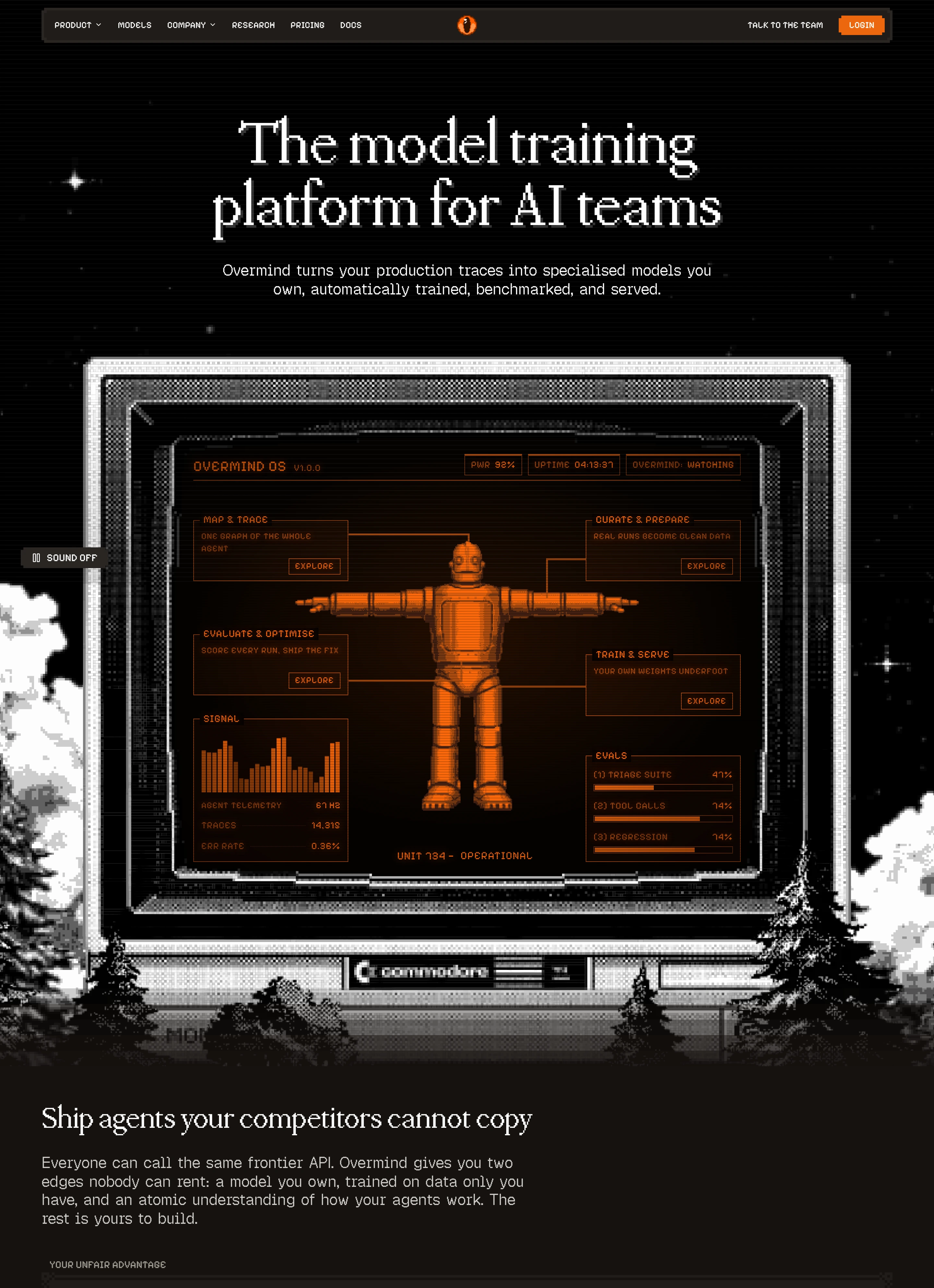 Pixel-art nostalgia meets sci-fi cybernetics in a dark, glowing retro CRT monitor framing an intricate orange telemetry interface.
