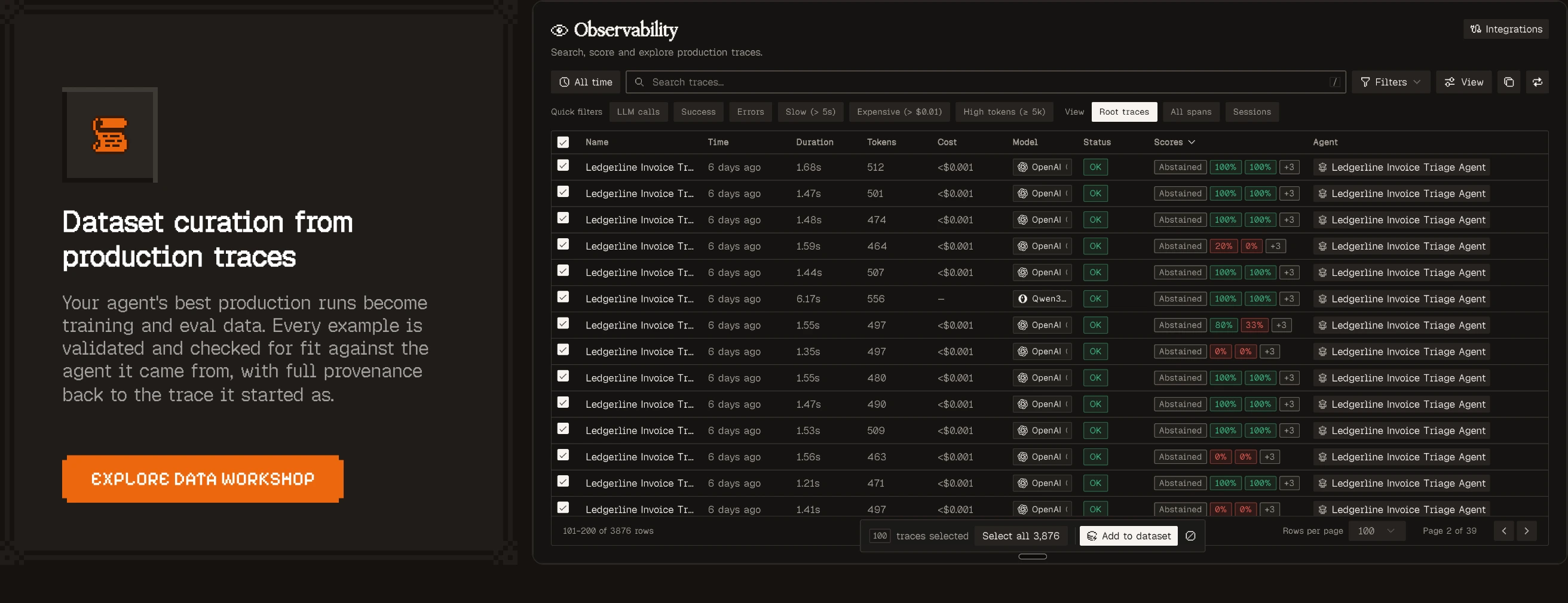 Dark retro-computing feature section pairing pixelated typography with a dense observability table mockup.
