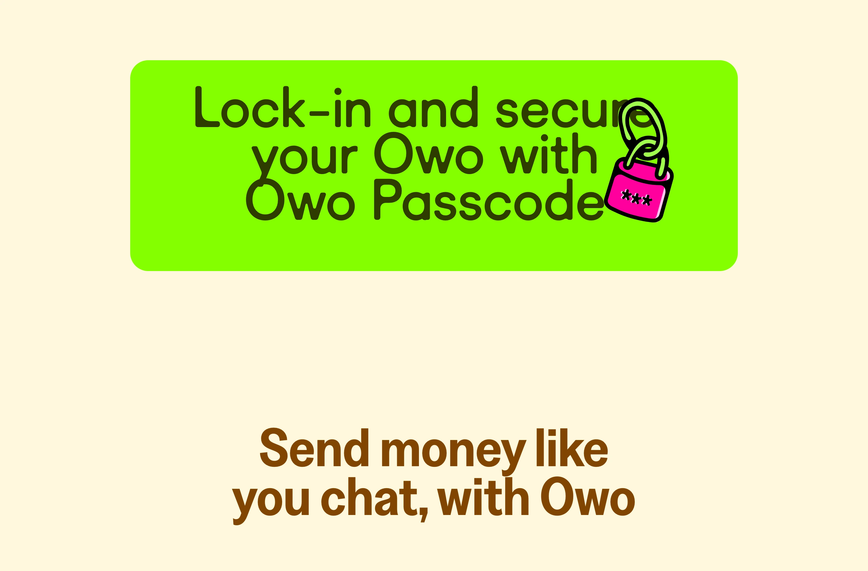 Playful fintech feature section pairing an electric green pill container and quirky lock illustration with centered warm typography.