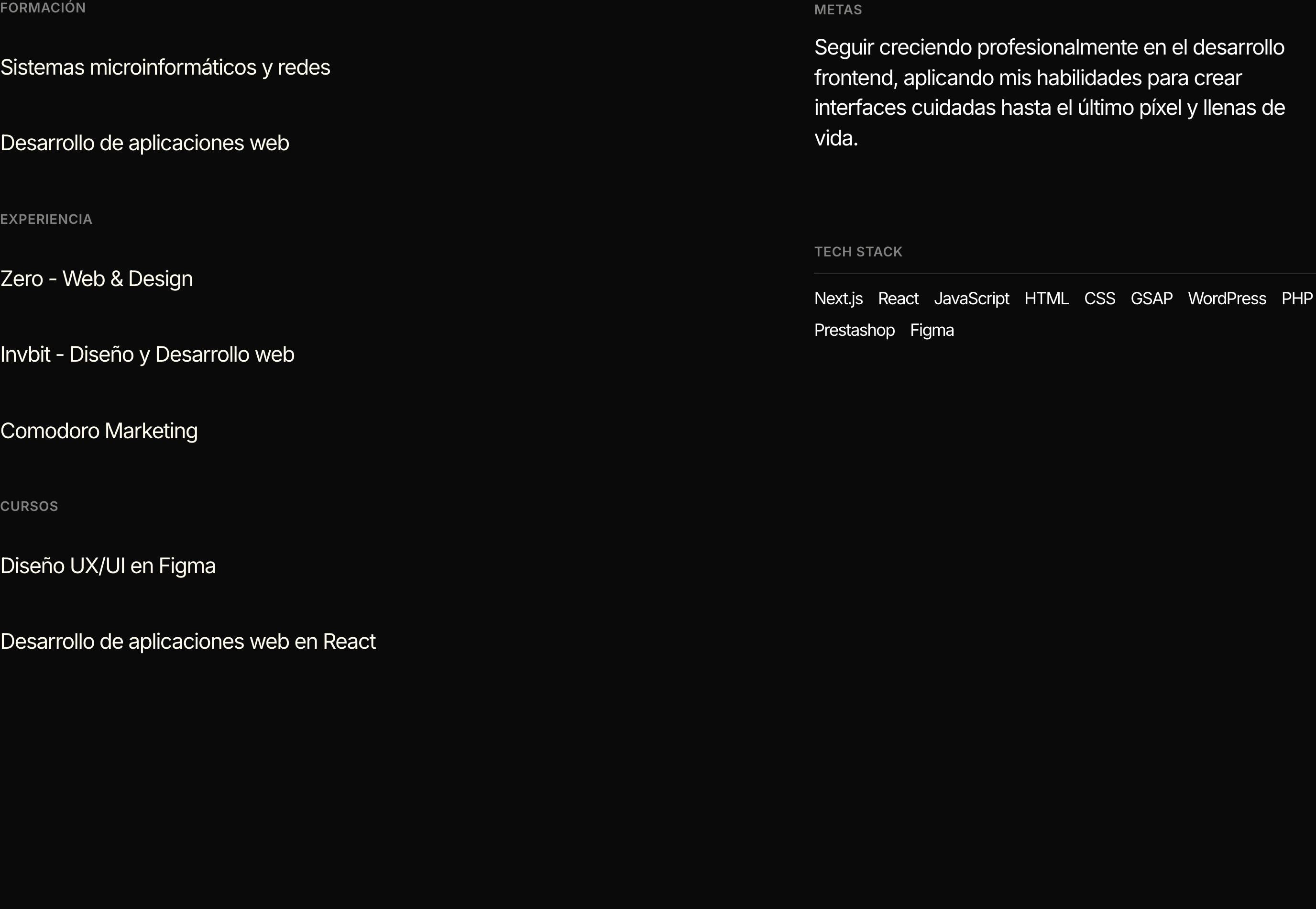 A quiet, starkly minimal dark-mode resume layout organized with delicate typographic hierarchy and generous negative space.