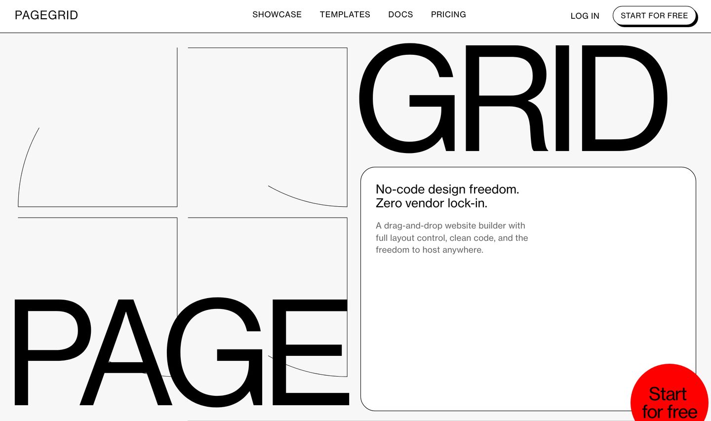 Exposed architectural grid layout breaking the brand name across quadrants with strict Swiss modernist typography and a punchy red circular CTA.