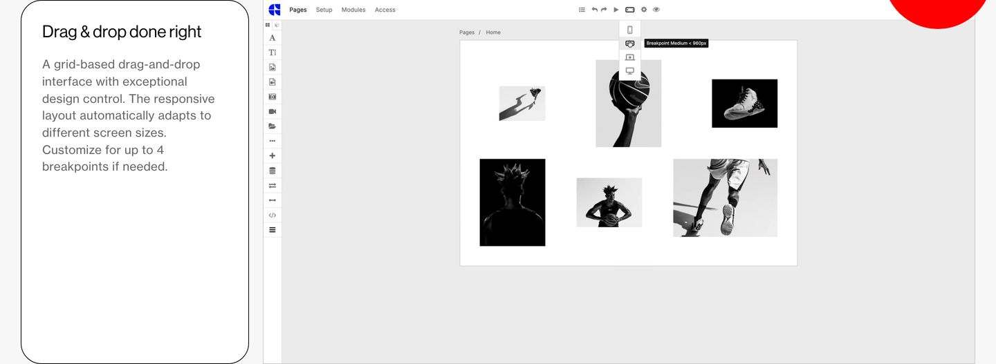 A crisp, clinical product feature display pairing structured explanatory copy with an interactive-looking canvas editor workspace.