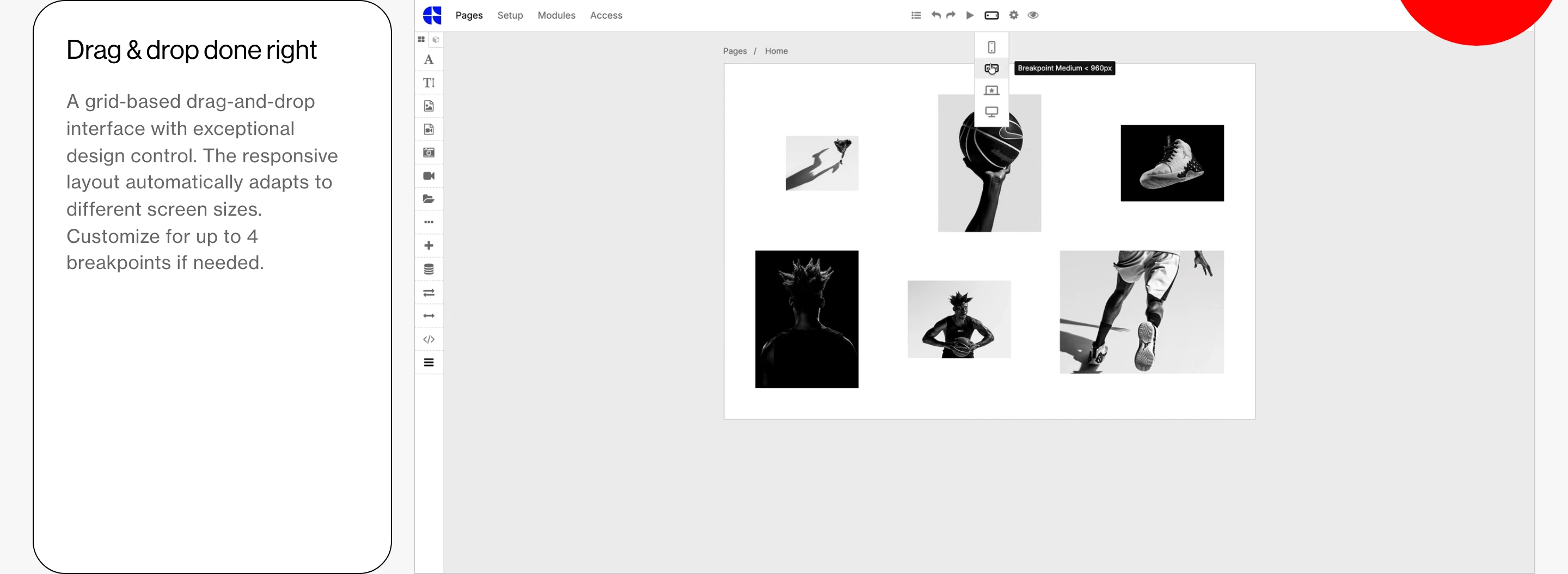 A crisp, clinical product feature display pairing structured explanatory copy with an interactive-looking canvas editor workspace.