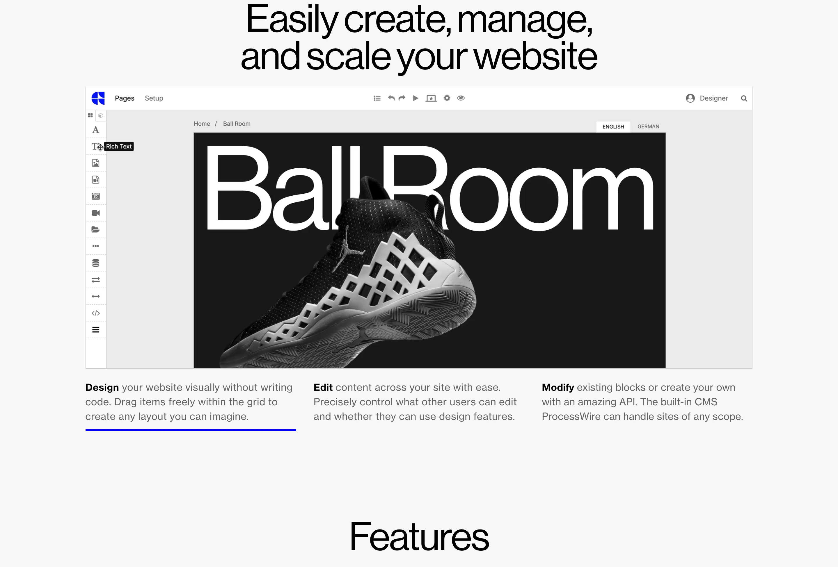 A crisp, Swiss-styled product UI showcase framed by tightly tracked grotesque typography and restrained three-column explanatory copy.