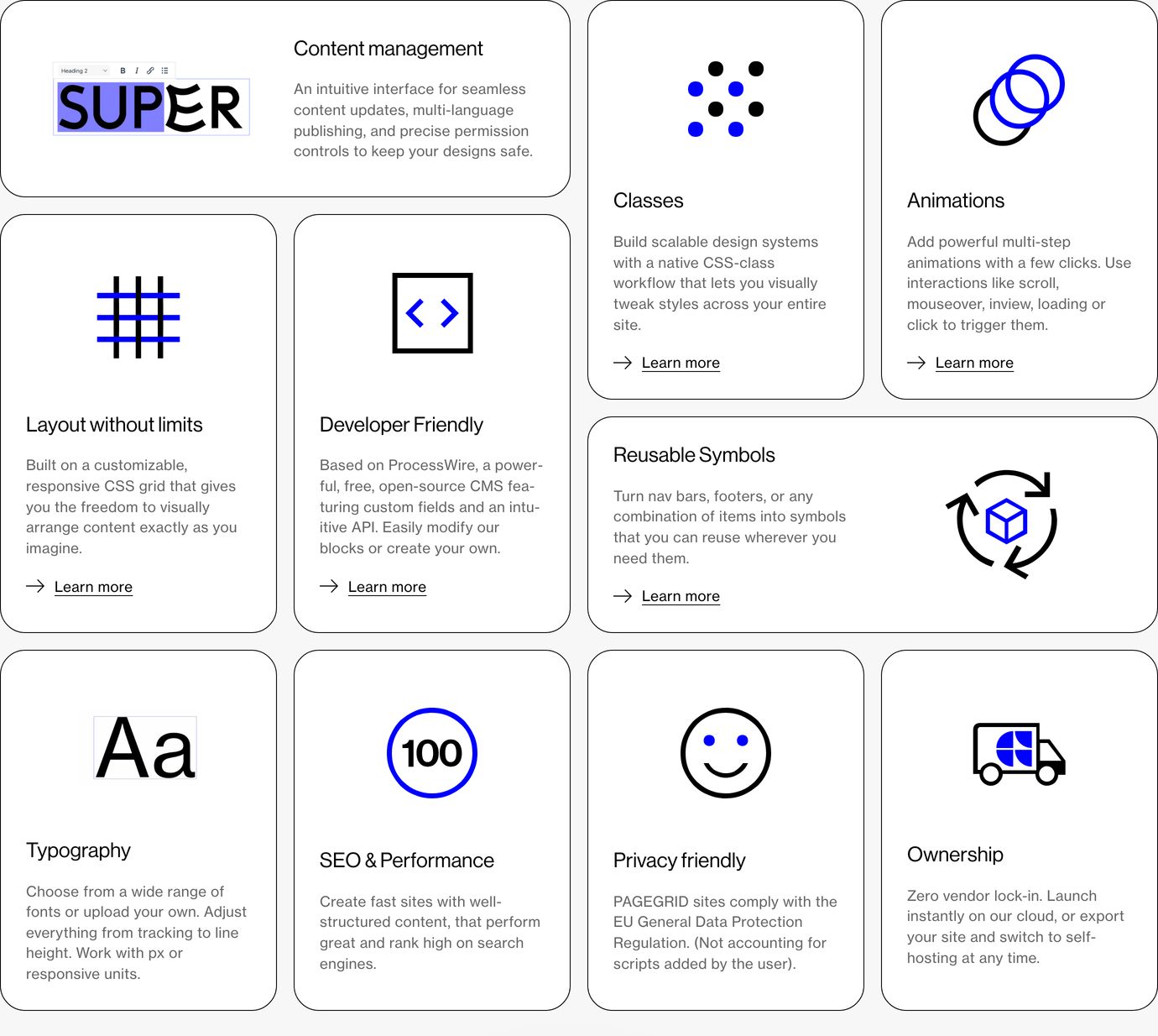 Clean and modular Swiss-style bento grid of feature cards pairing concise copy with stark geometric icons.