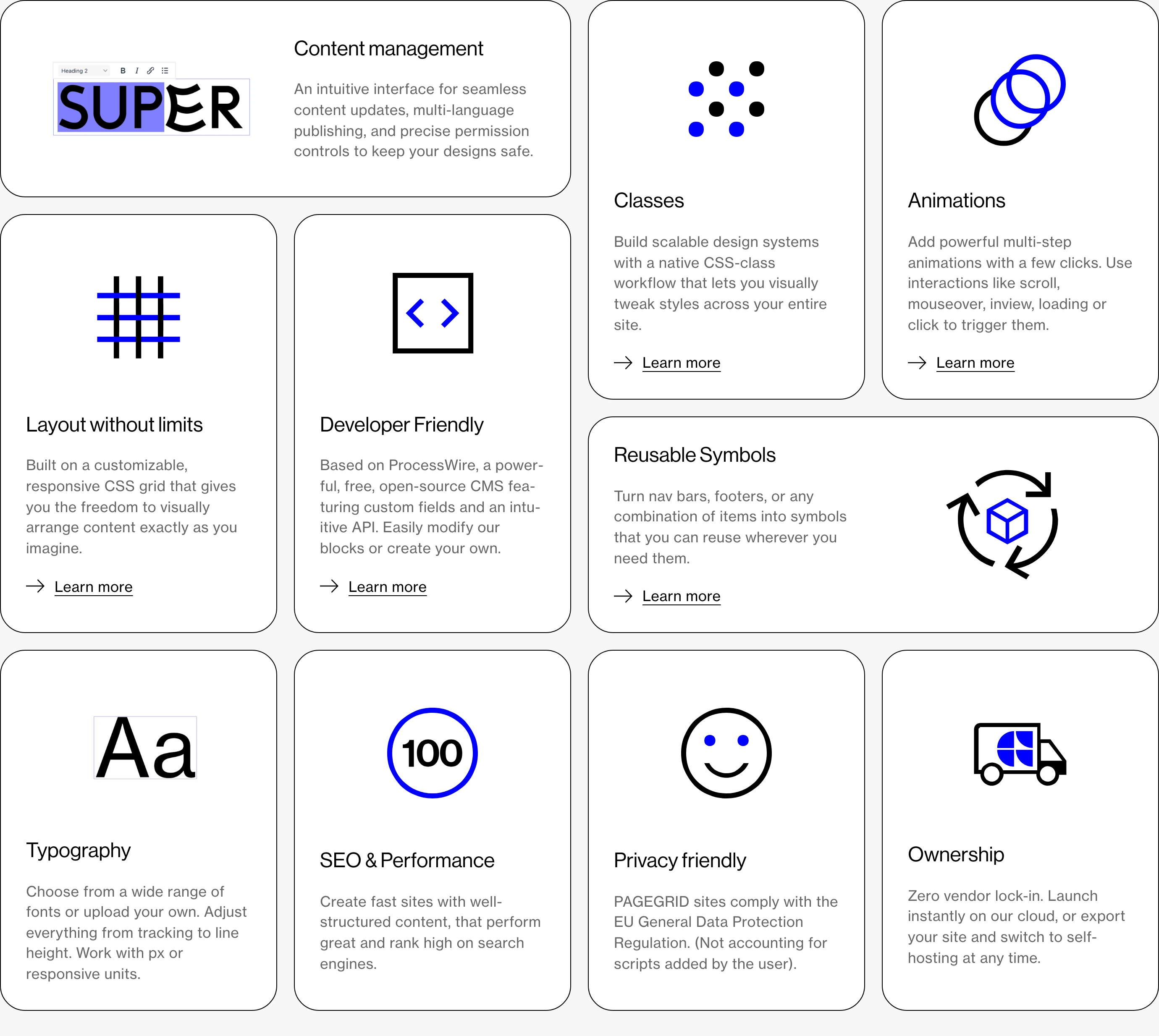 Clean and modular Swiss-style bento grid of feature cards pairing concise copy with stark geometric icons.
