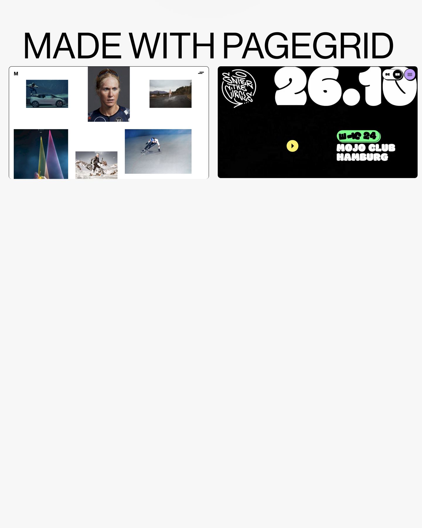 A minimal showcase section featuring an oversized uppercase headline above high-contrast website preview frames on a soft off-white canvas.