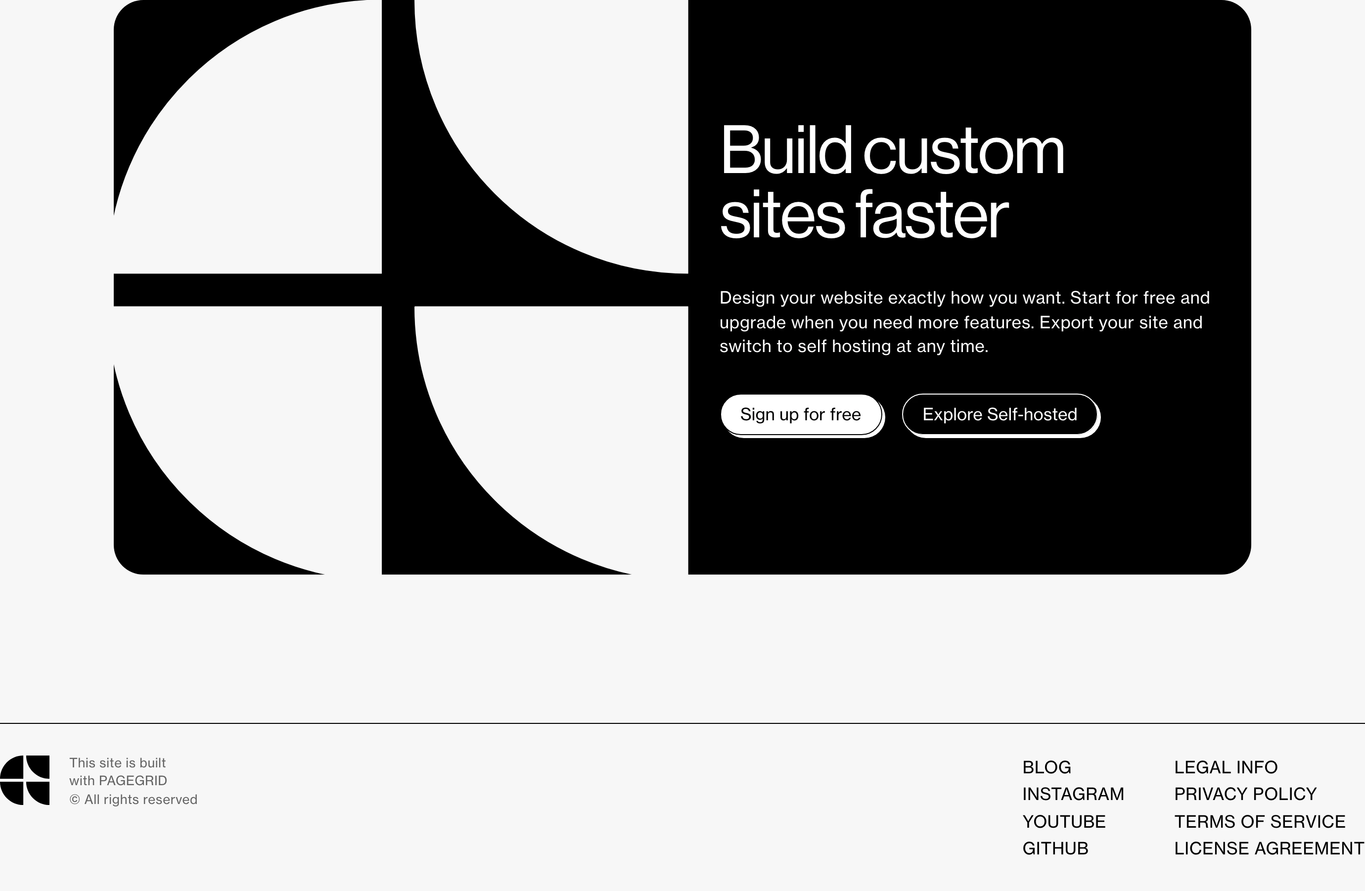 Bold monochrome call-to-action card pairing sharp geometric quadrant artwork with disciplined Swiss typography.