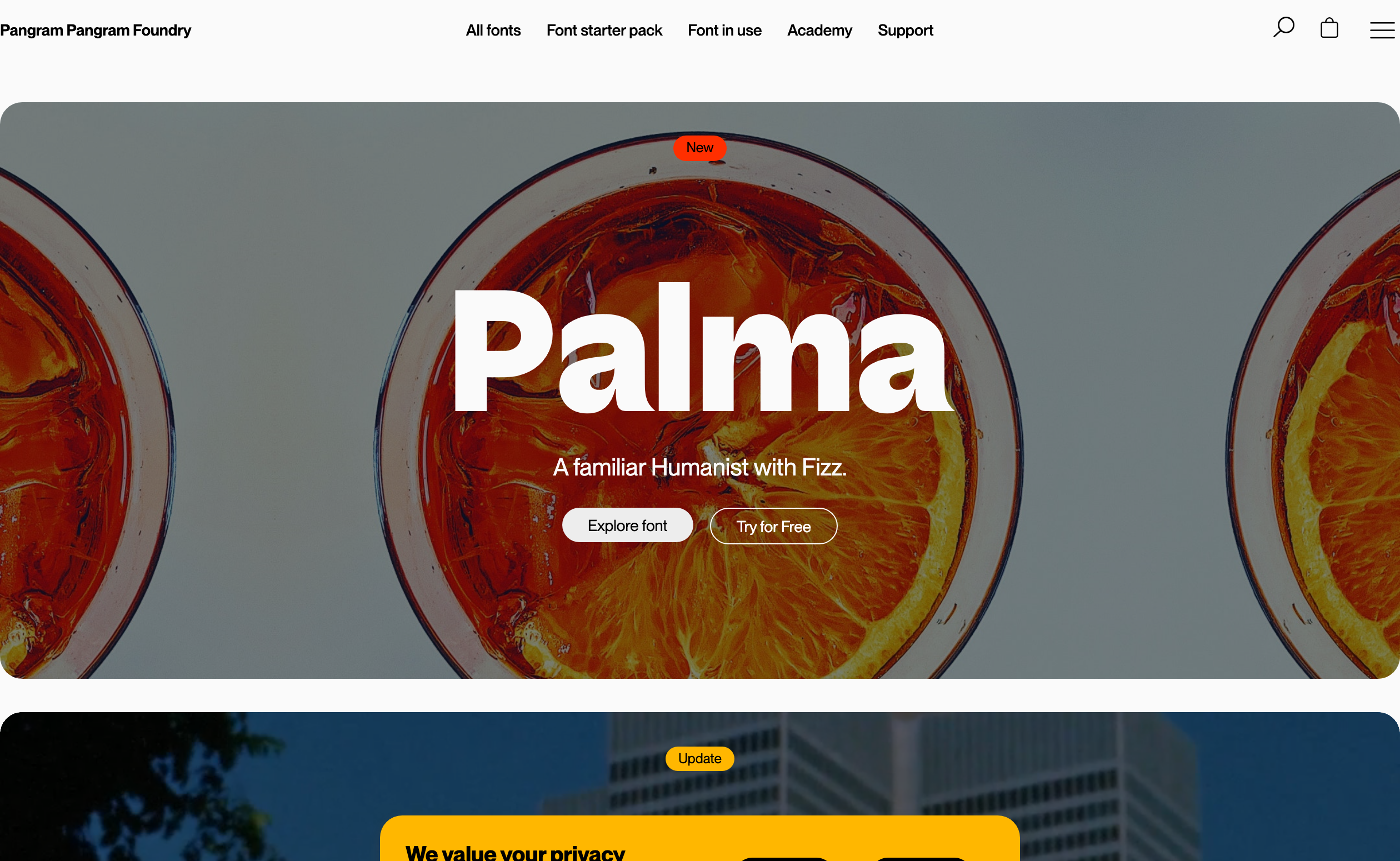 Bold, refreshing type showcase centering oversized letterforms over a repeating carousel of fizzy drink photography.