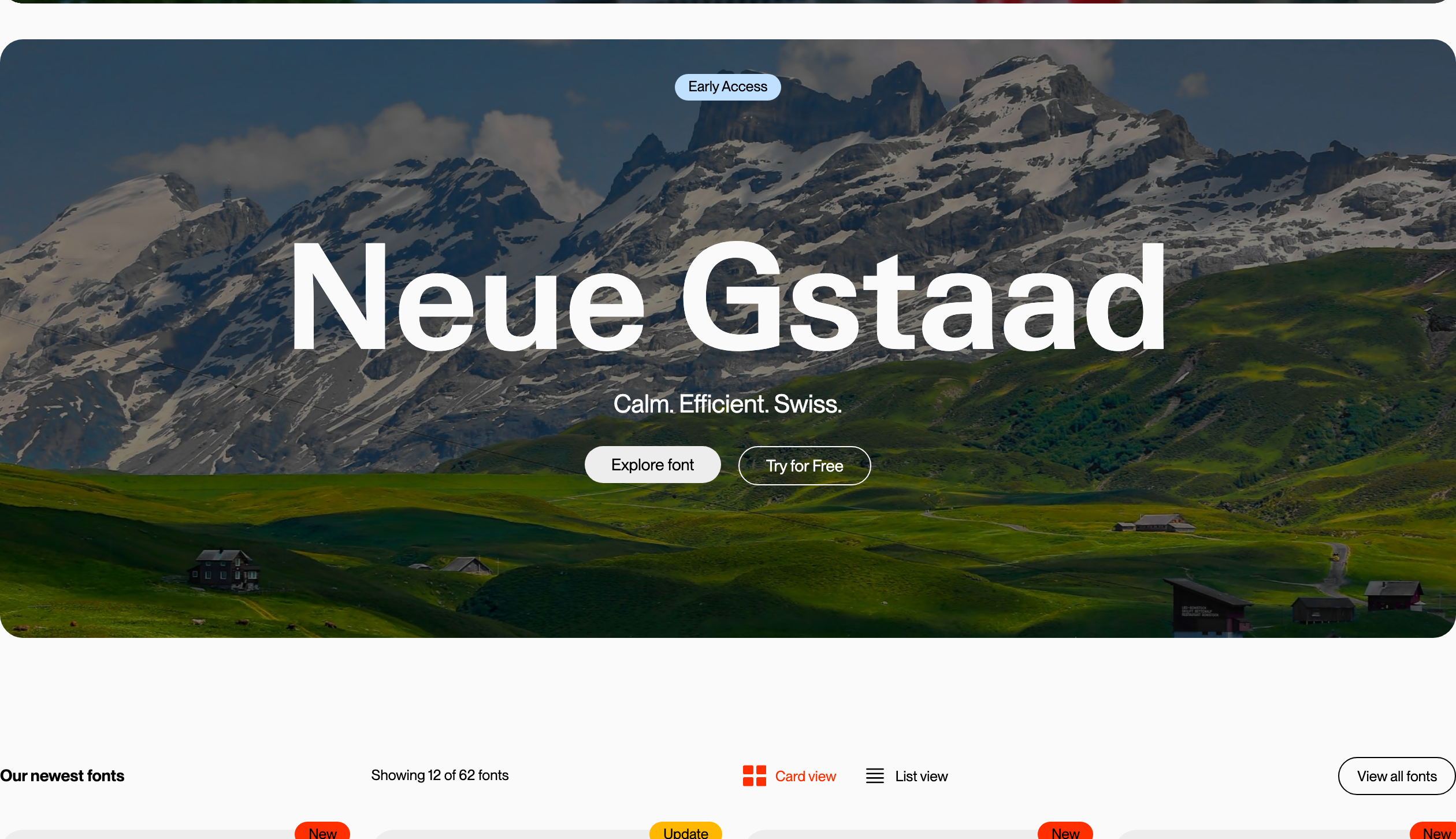 An expansive Swiss mountain landscape frames bold centered typography to introduce a new typeface with calm confidence.