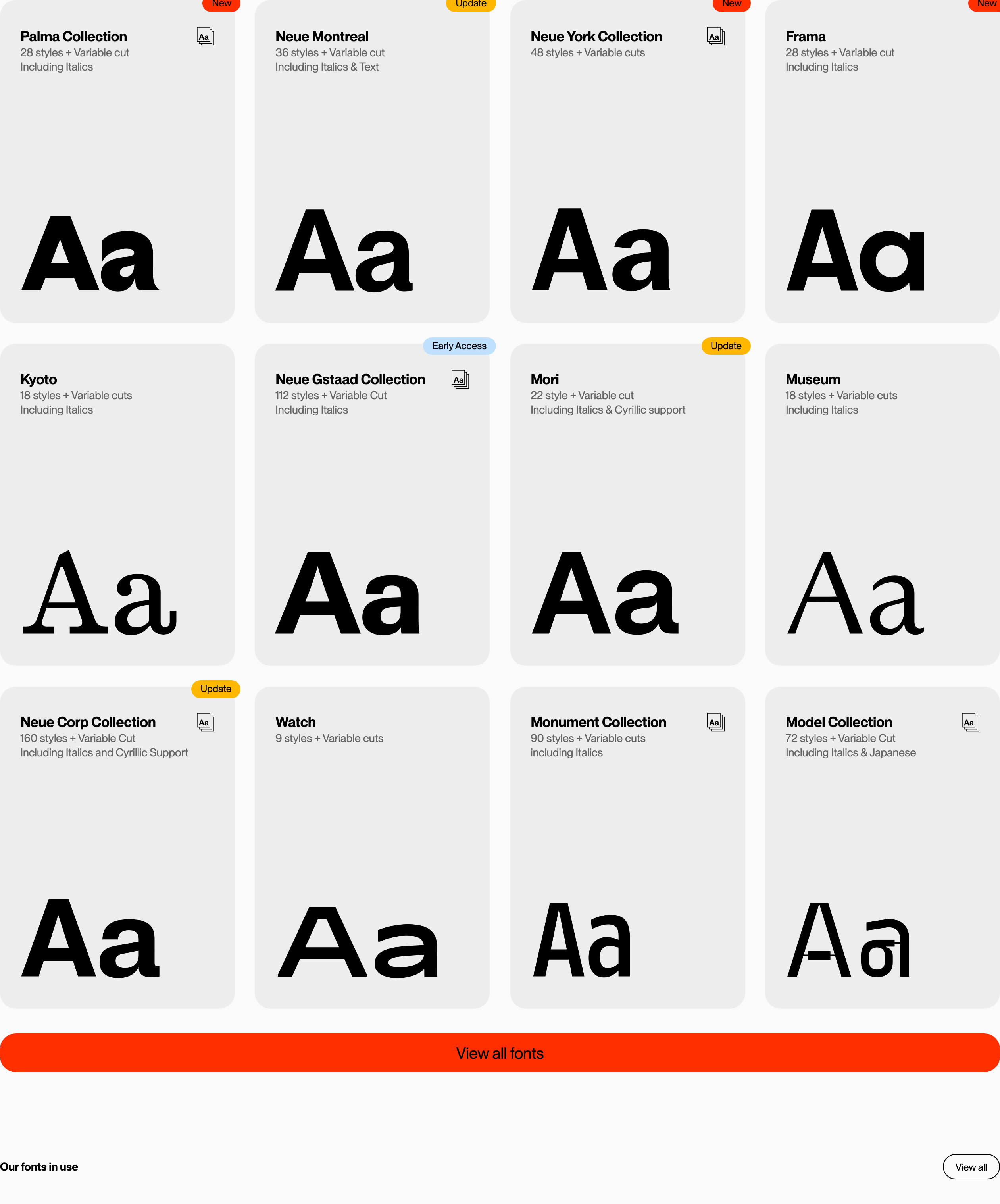 A pristine type specimen catalog structured in a disciplined four-column grid of modular cards.