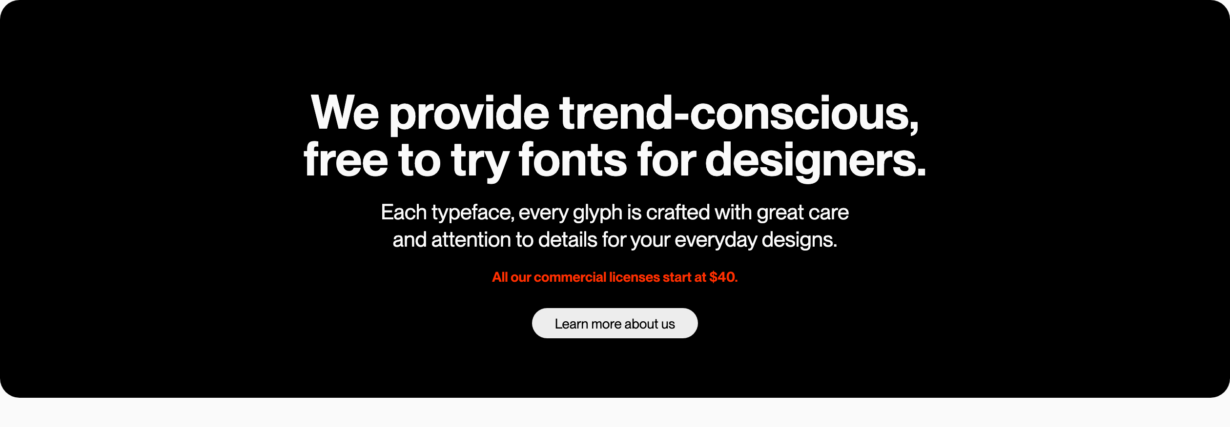 Minimal dark statement block featuring clean centered typography and a subtle red price callout above a pill CTA.