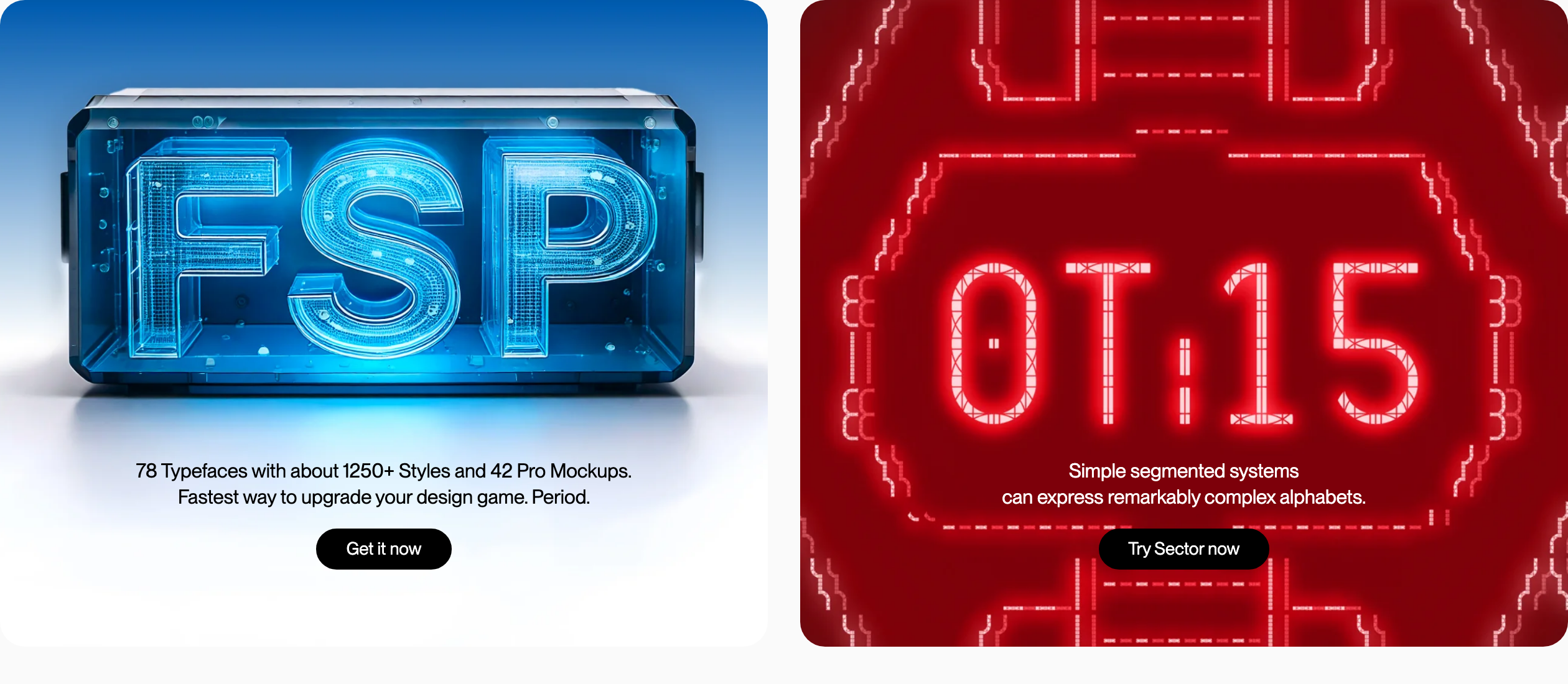 A high-impact split showcase pairing glossy 3D typographic renders with striking high-contrast product cards.