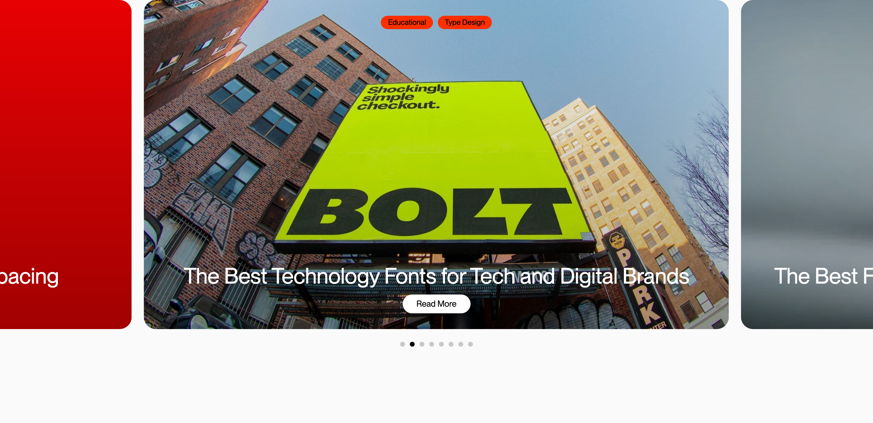 A punchy article carousel displaying typographic insights over vibrant urban fisheye photography.