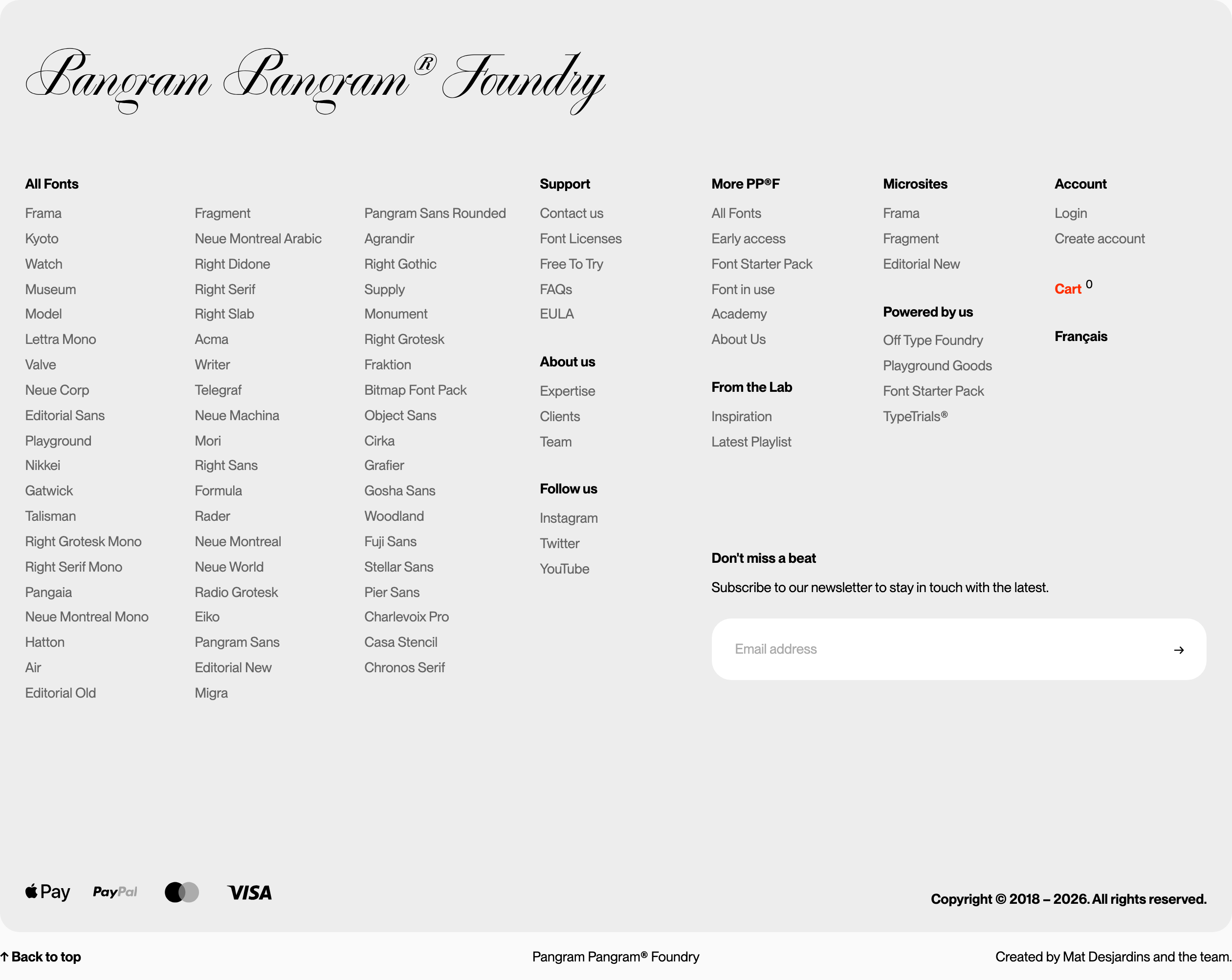An exhaustive, directory-style typographic footer pairing an ornate calligraphic signature with an orderly catalog grid.