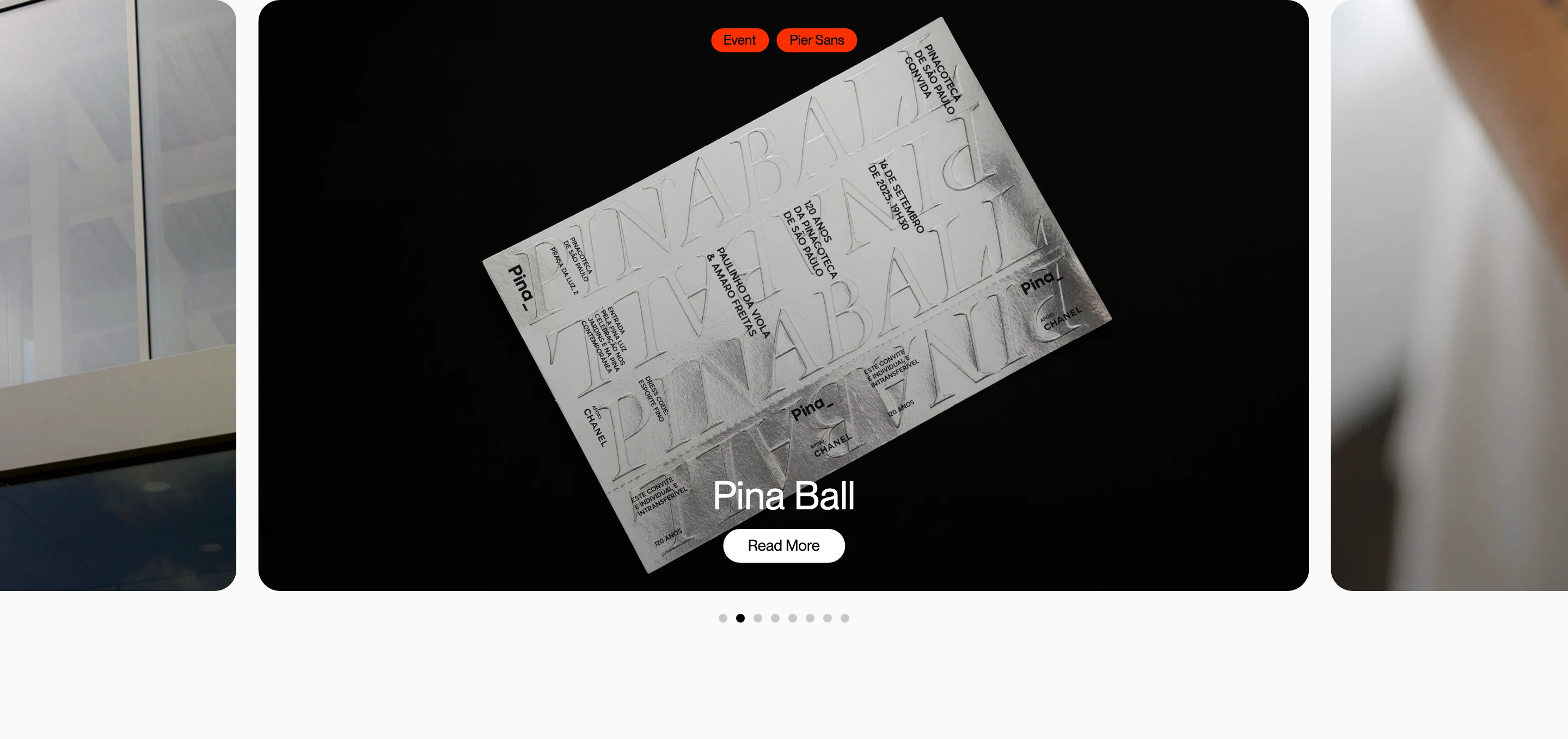 Sleek gallery carousel spotlighting tactile design artifacts within generous dark rounded cards on a pale backdrop.