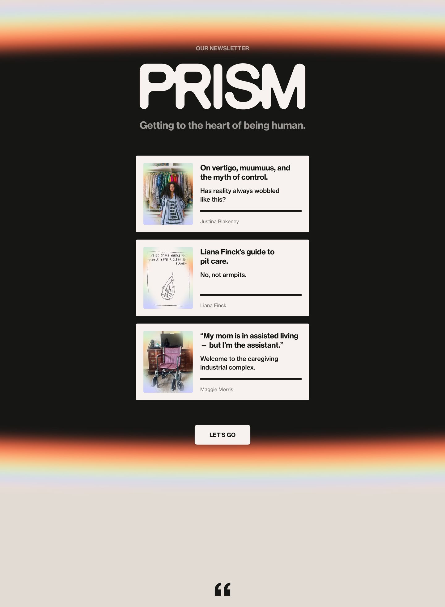 Spectral iridescent light leaks frame a dark newsletter showcase with stark white article preview cards.