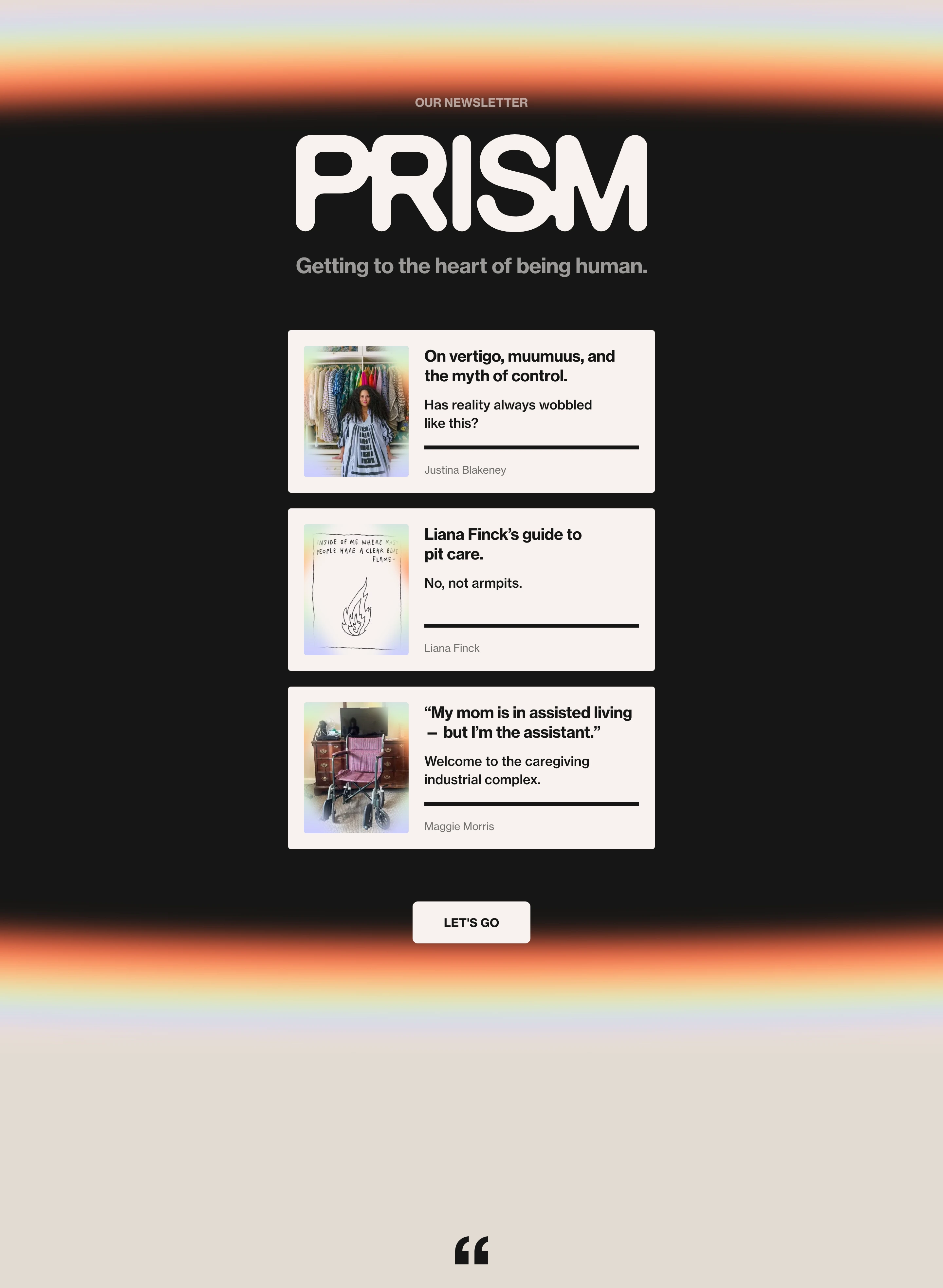 Spectral iridescent light leaks frame a dark newsletter showcase with stark white article preview cards.