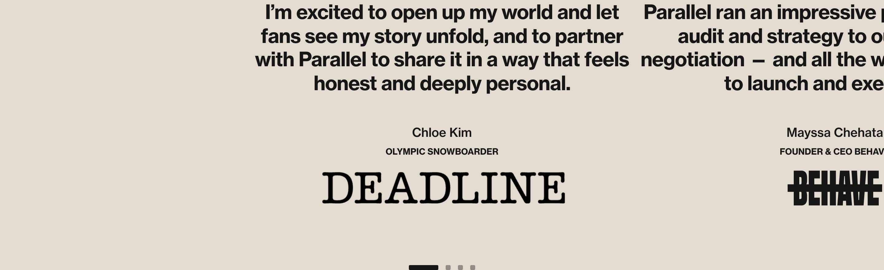 Warm, editorial testimonial slider featuring heavy grotesque pull quotes anchored by bold press logos and subtle carousel indicators.