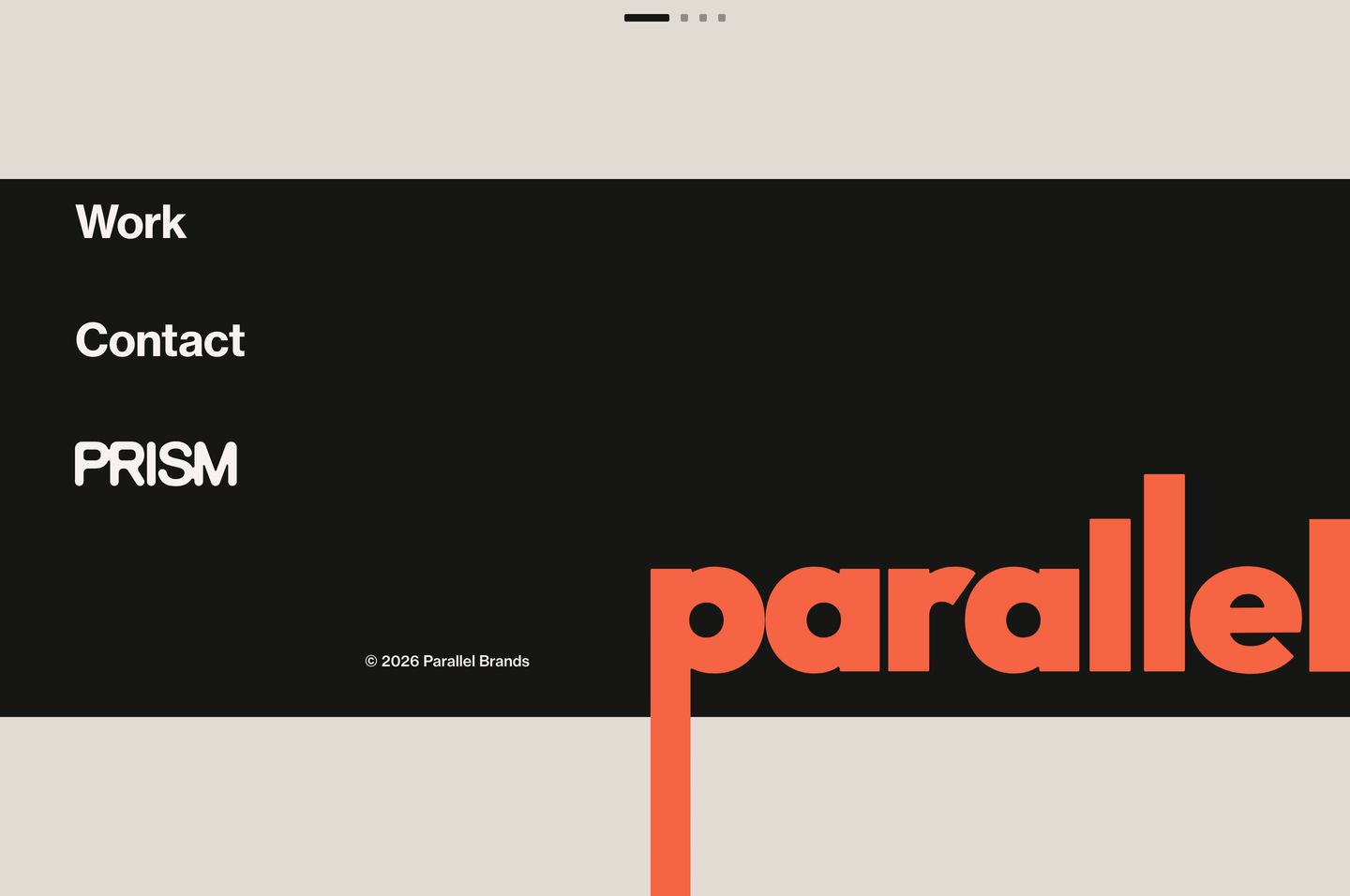 A graphic high-contrast footer framing stark white navigation inside a dark horizontal band punctuated by an oversized coral wordmark.