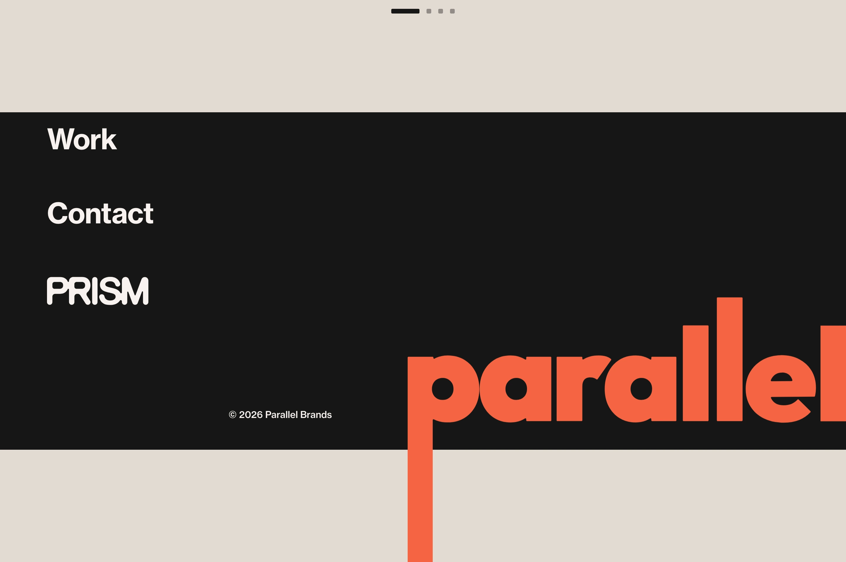 A graphic high-contrast footer framing stark white navigation inside a dark horizontal band punctuated by an oversized coral wordmark.