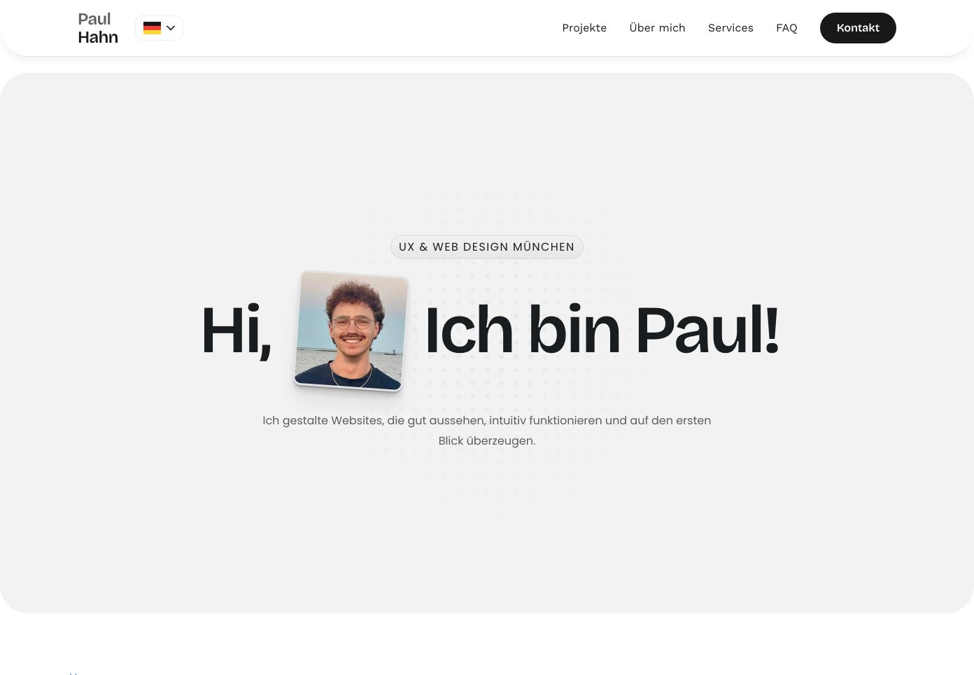 An airy and welcoming personal portfolio hero featuring a playful photo insert embedded directly inside the bold greeting headline.