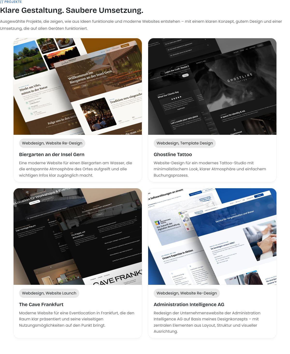 Clean, structured portfolio grid showcasing web design case studies through isometric screen mockups and restrained typography.